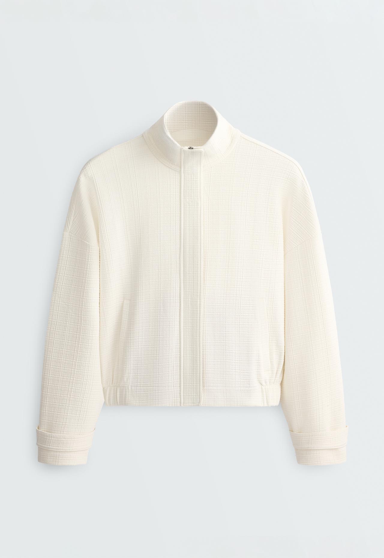 Cotton stripe texture cropped jacket — PALE ECRU