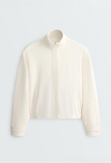 Cotton stripe texture cropped jacket — PALE ECRU 8