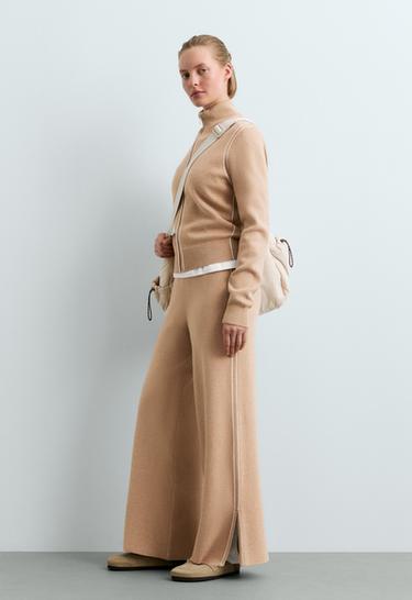 Wide-leg knit trousers with piping and split — CAMEL 1