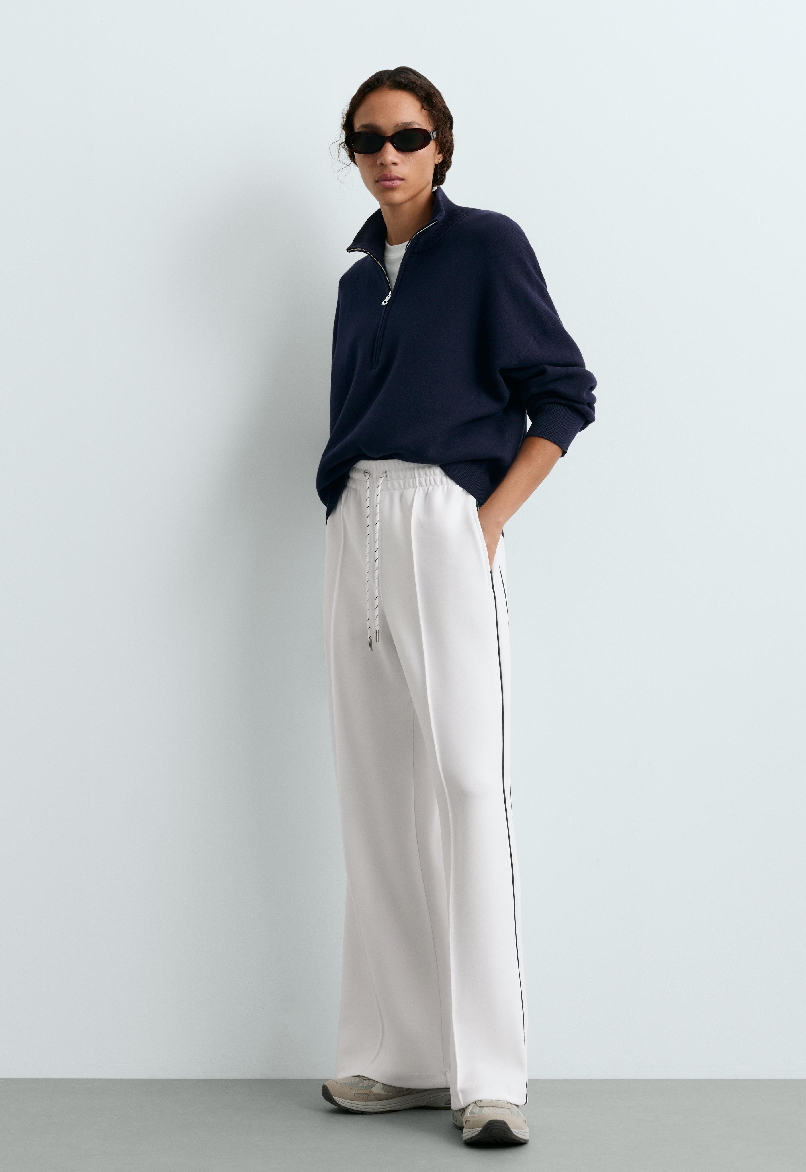 Cotton piqué straight-leg trousers with piping — WHITE 