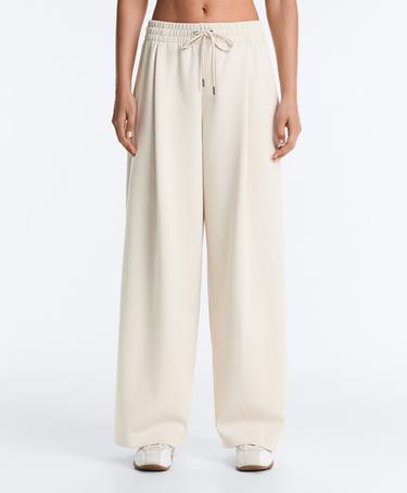 Wide-leg piqué pleat trousers with cotton — PALE MINK 1