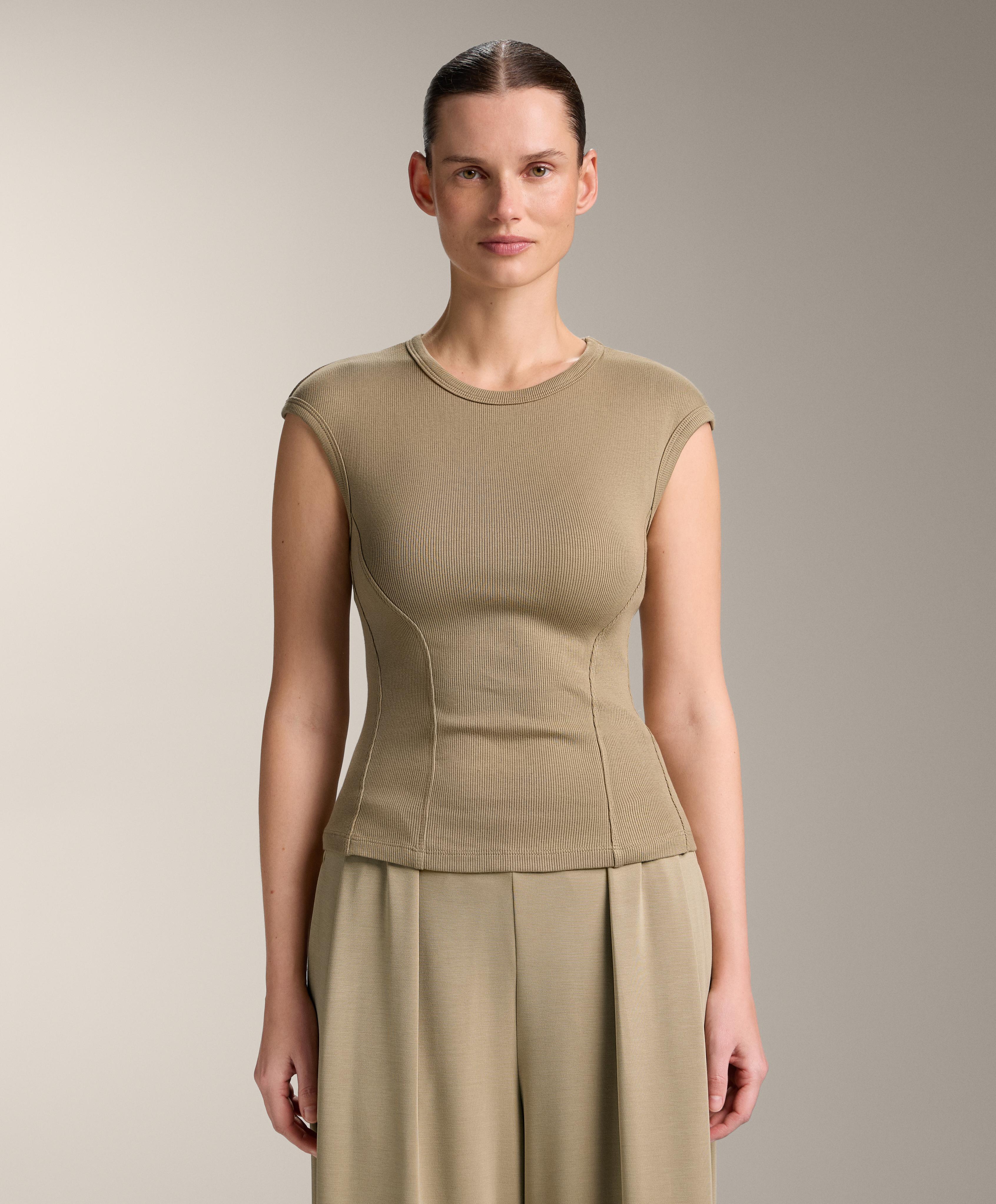 Short-sleeved rib top with cotton and modal — GREEN BEIGE