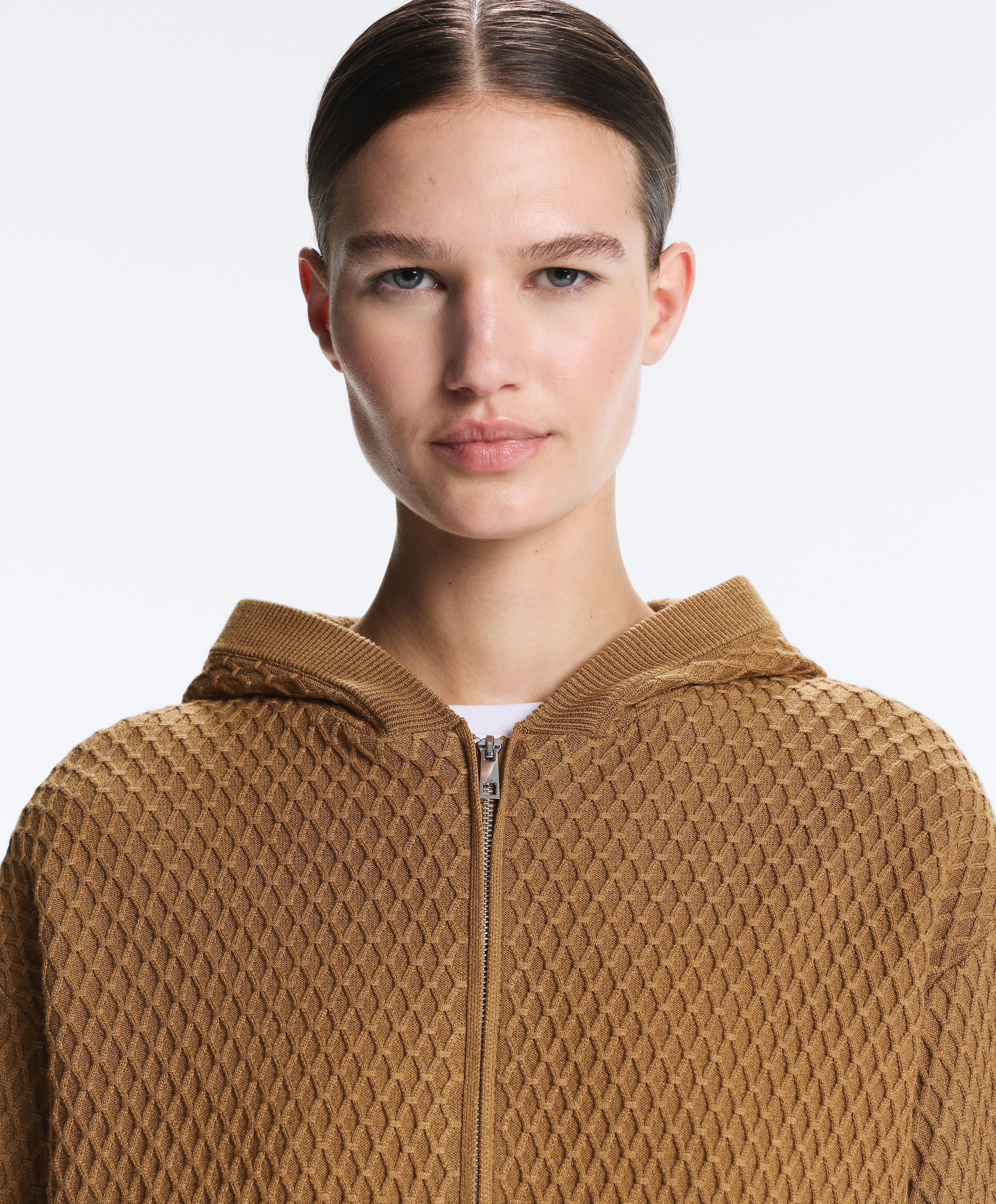 Long structured knit jacket with hood — COPPER