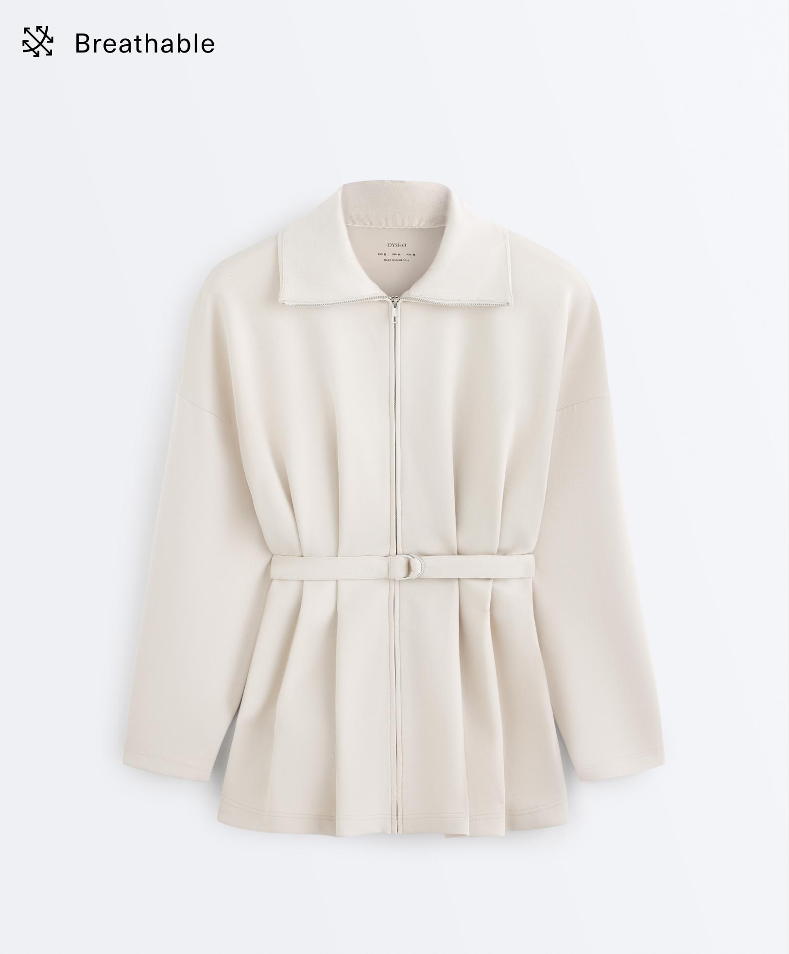 Long cotton piqué belted jacket — PALE MINK