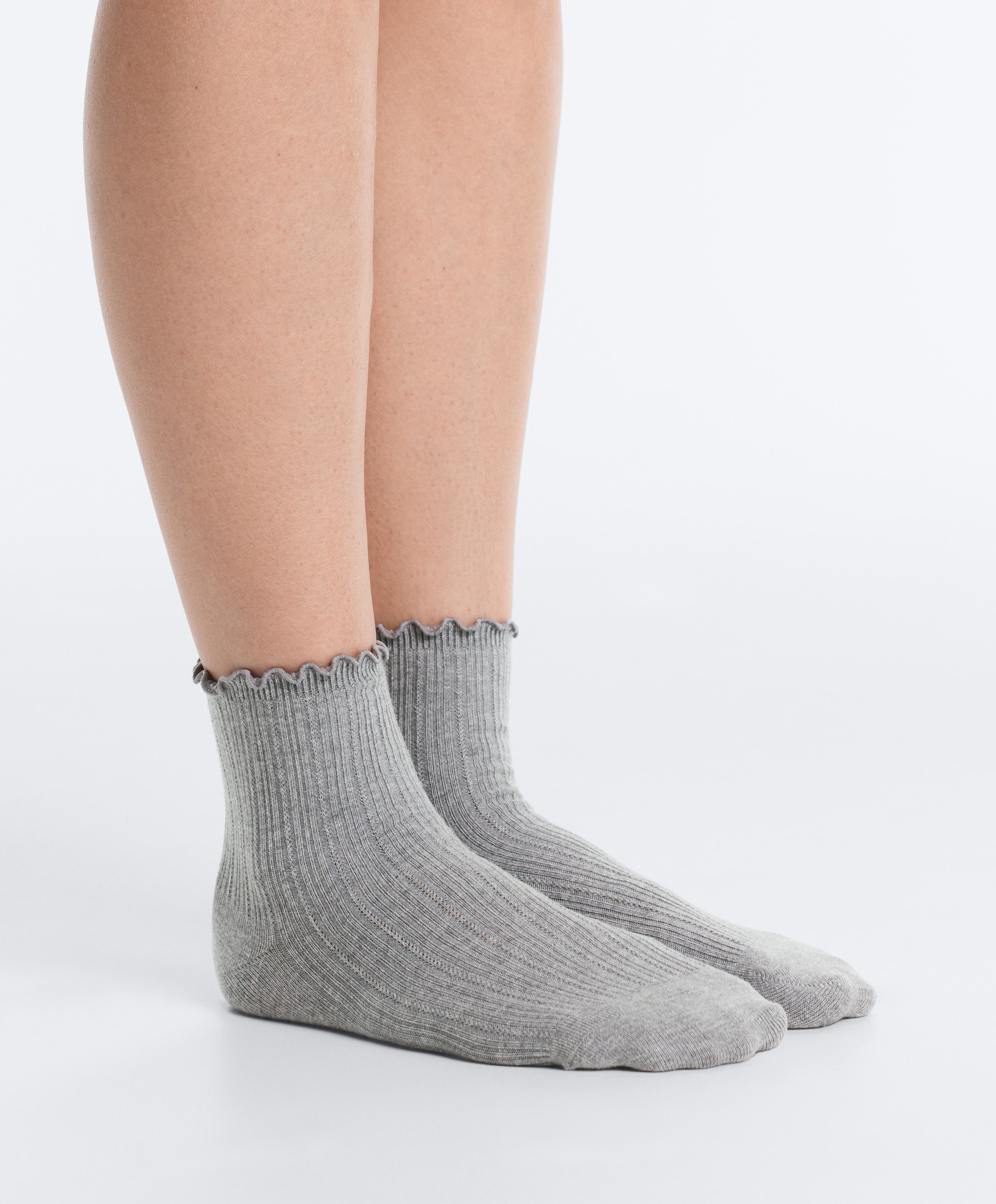 3 pairs of cotton blend quarter socks with curled edge — GREY MELANGE