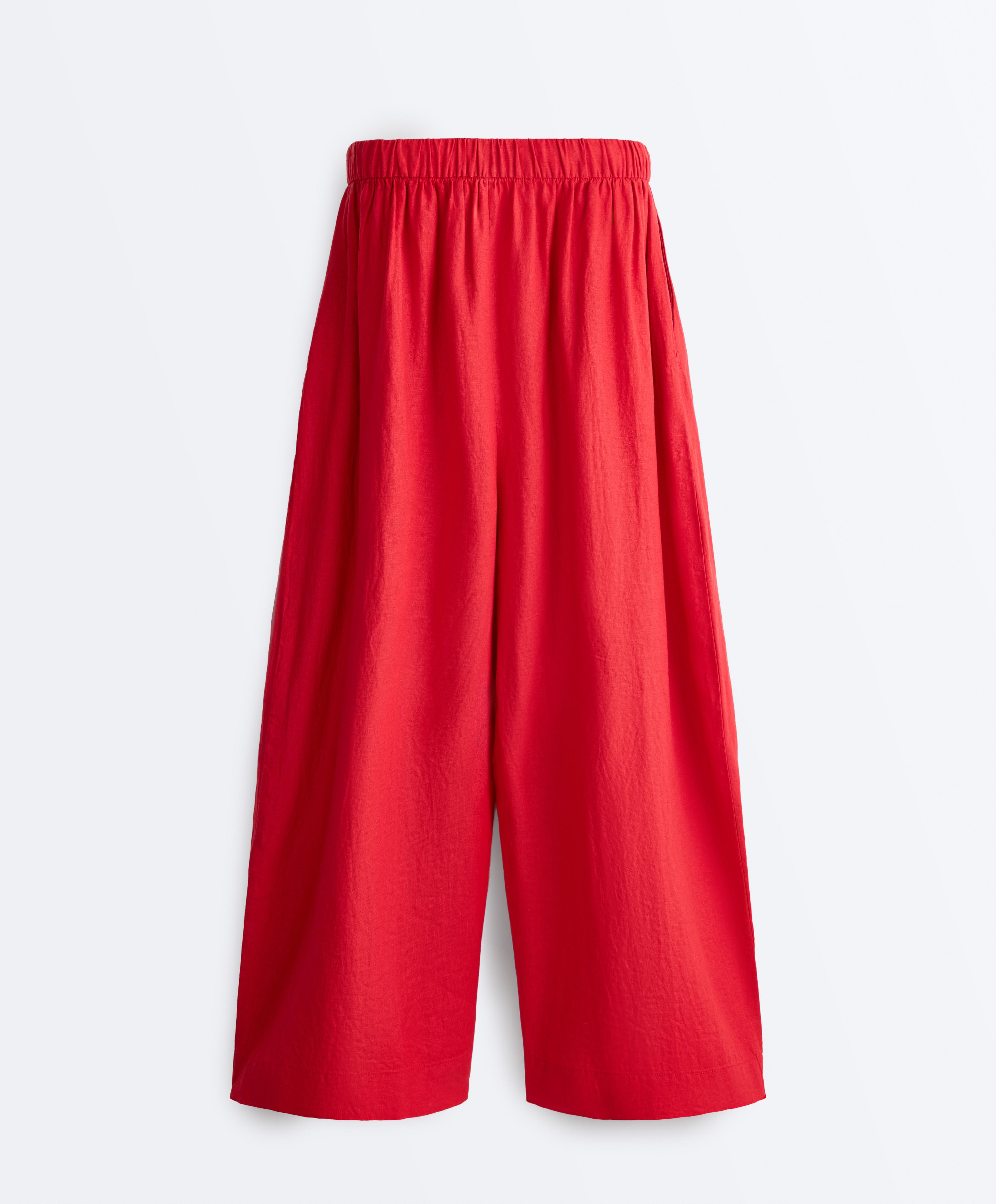 100% linen crop balloon trousers — BRIGHT RED