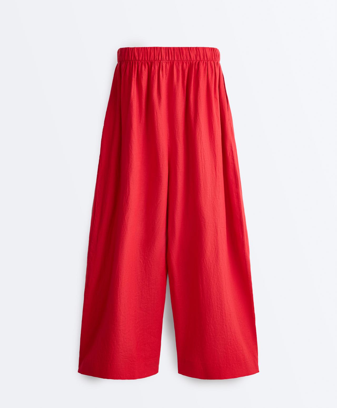 100% linen crop balloon trousers — BRIGHT RED
