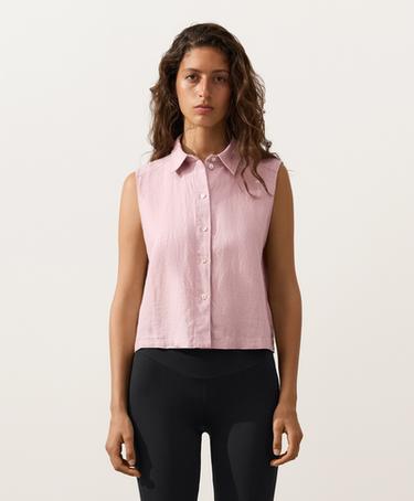 Sleeveless cropped 100% linen shirt — DUSTY PINK 1