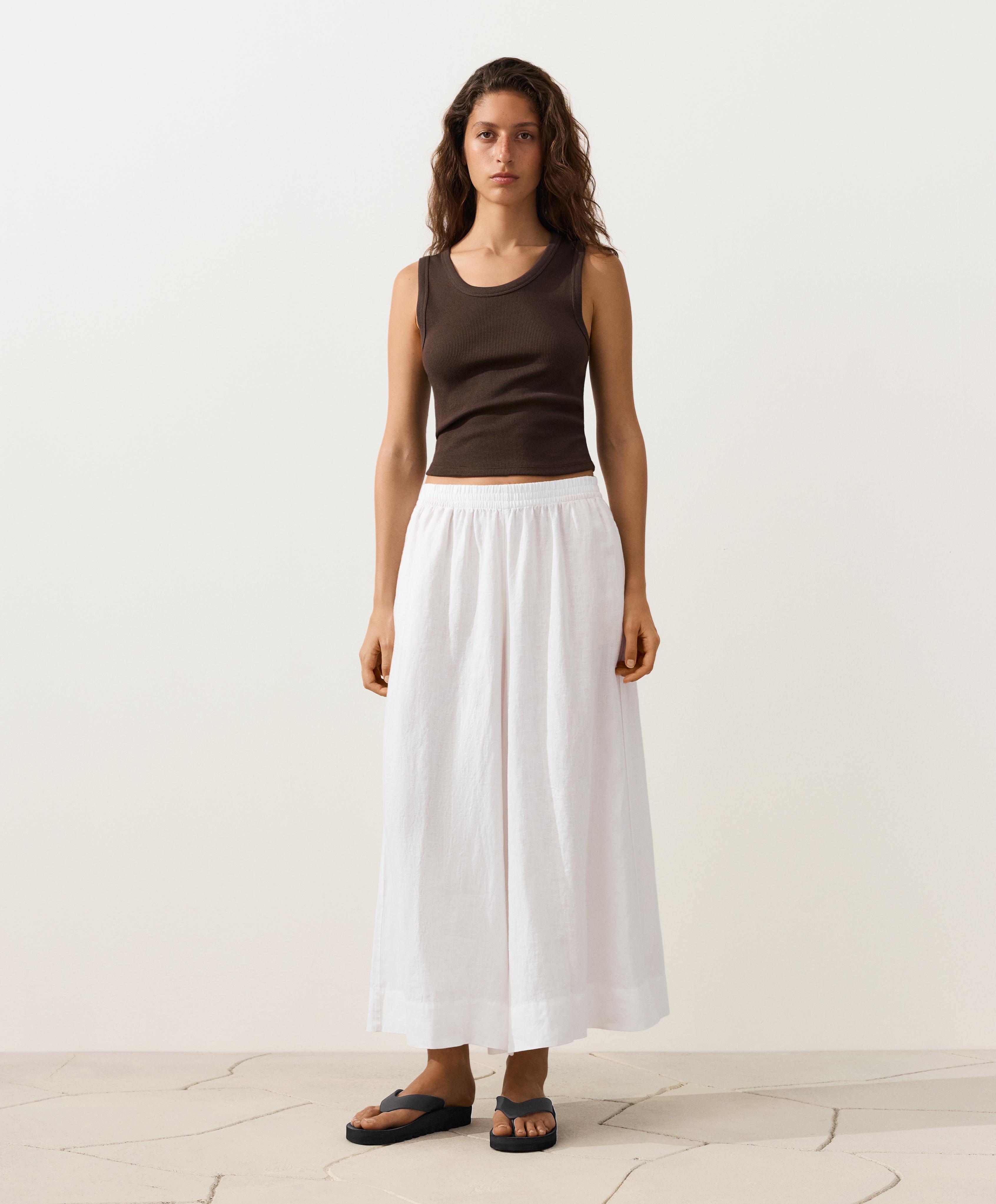 100% linen super wide-leg cropped trousers — WHITE