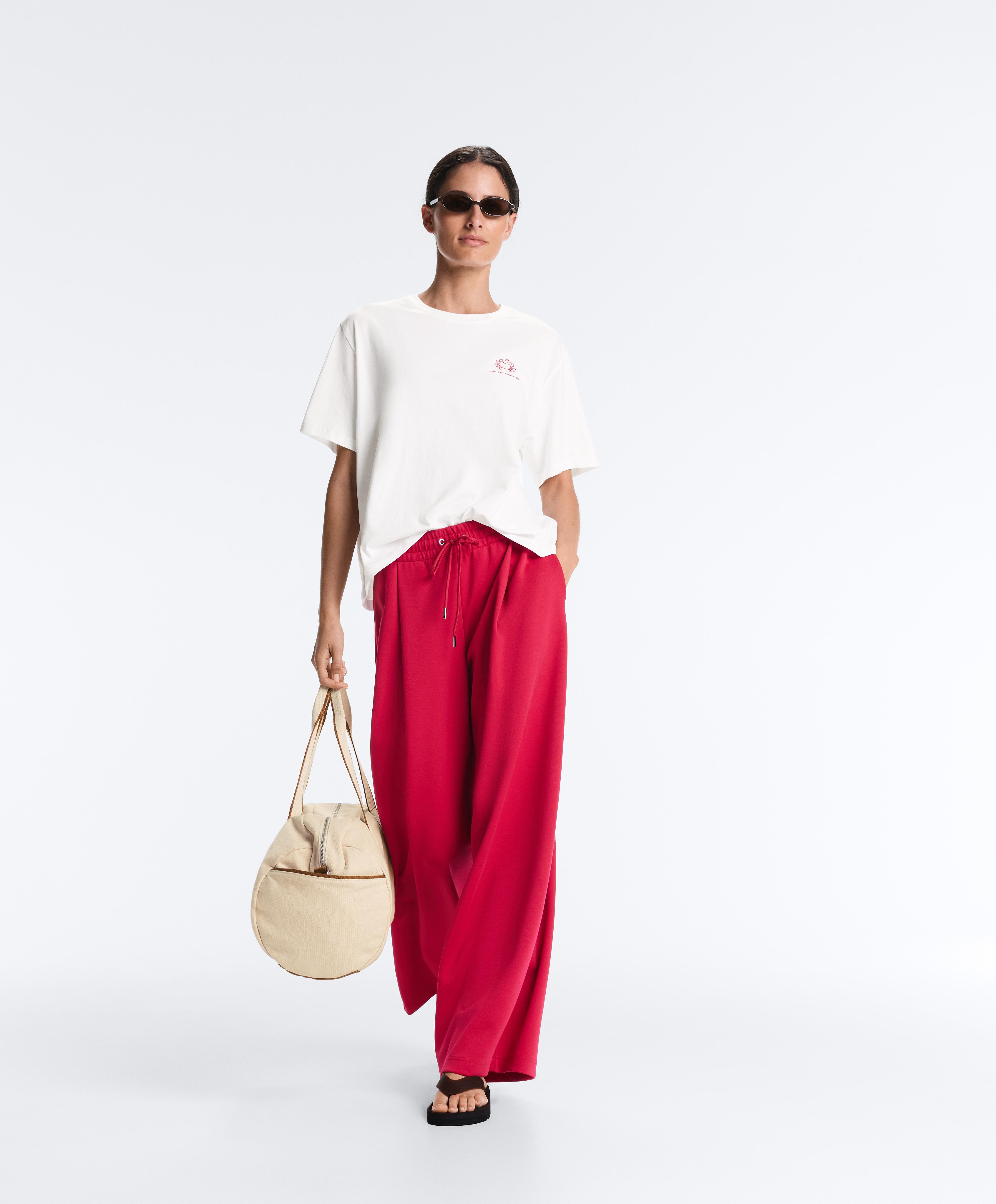 Wide-leg piqué pleat trousers with cotton — RED
