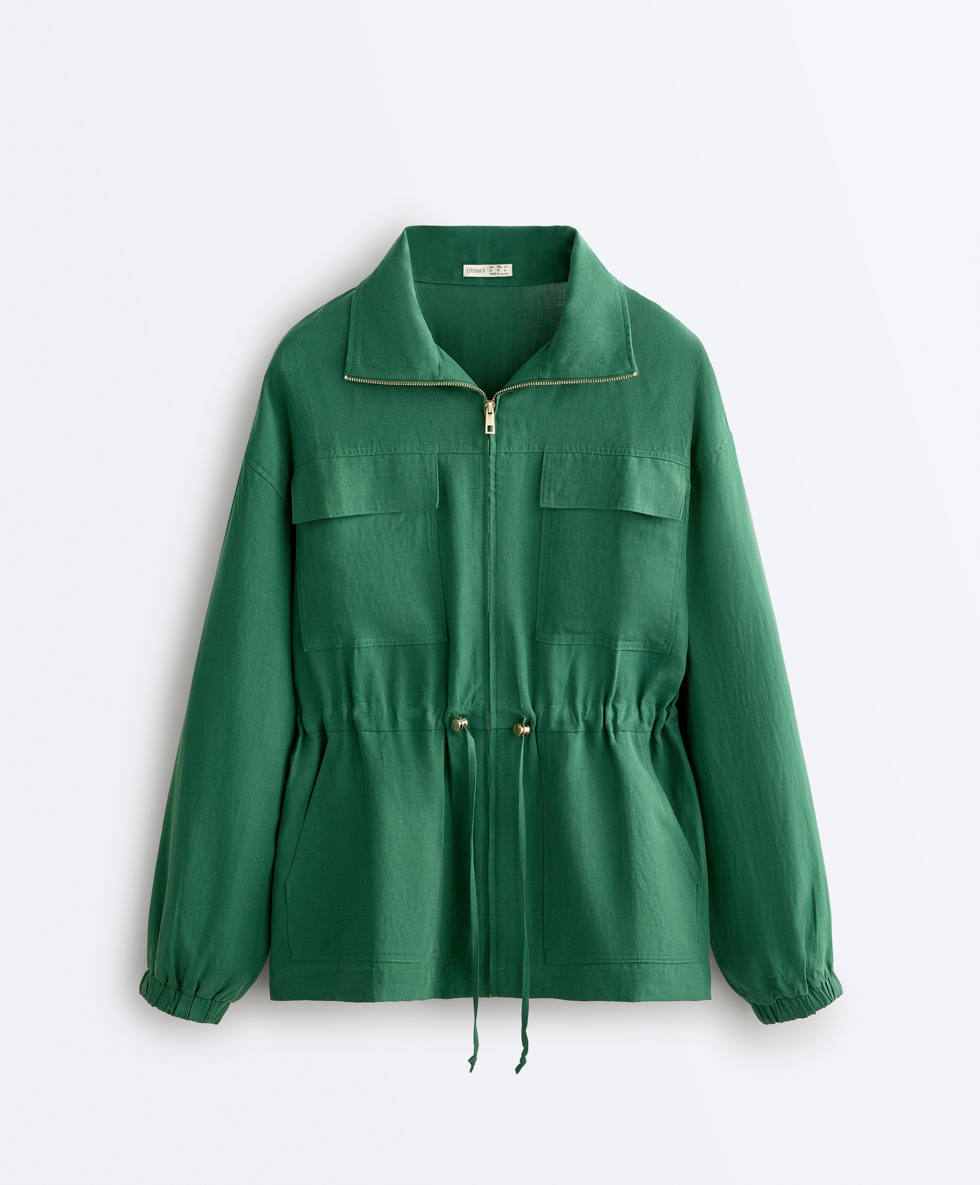 Lyocell and 24% linen blend ruched waist jacket — EMERALD GREEN