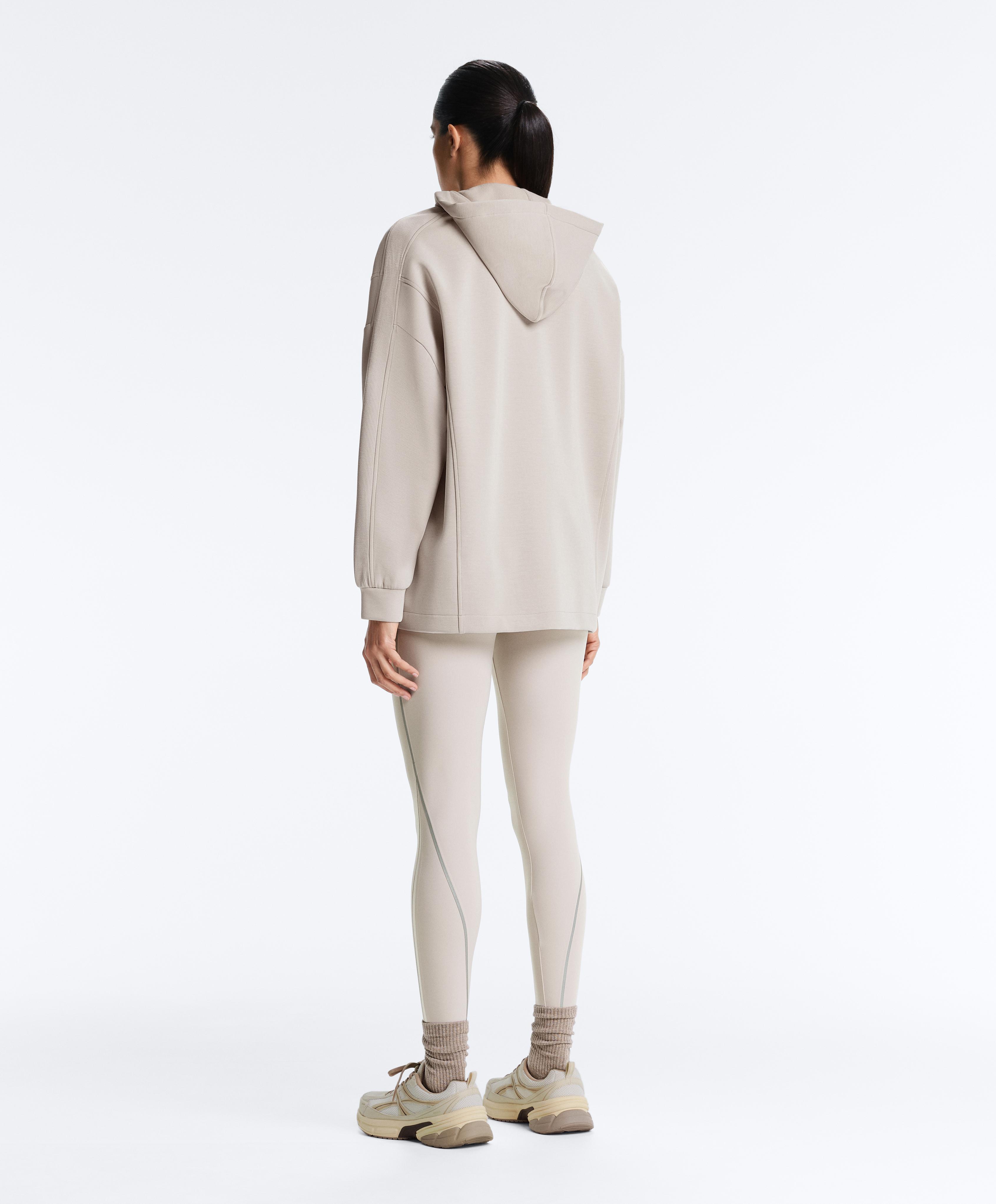 Long hooded jacket with rib details and brushed modal — TAUPE