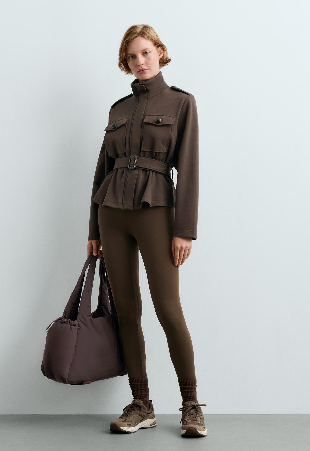 Short cotton piqué jacket with belt — BROWN