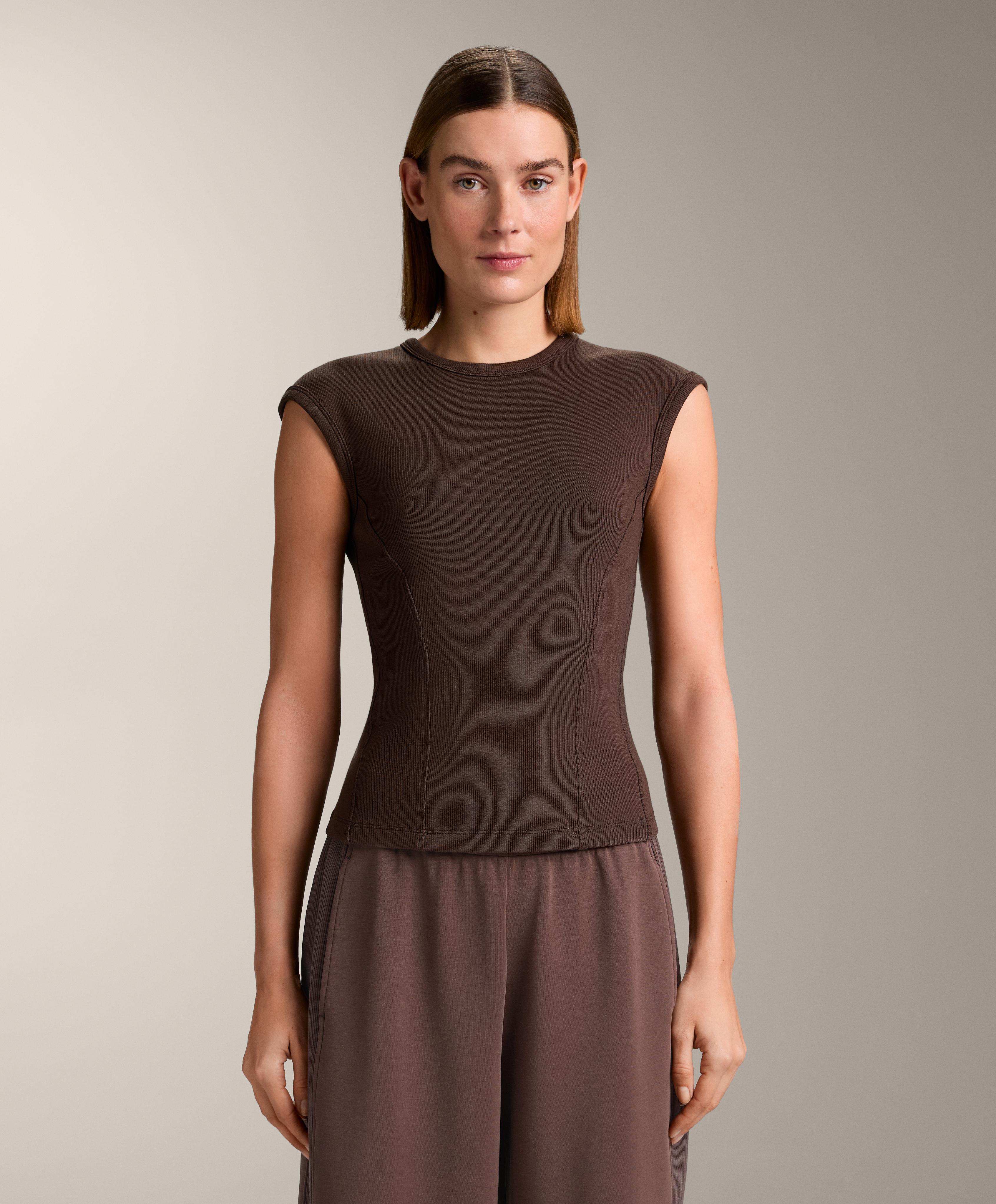 Short-sleeved rib top with cotton and modal — BROWN