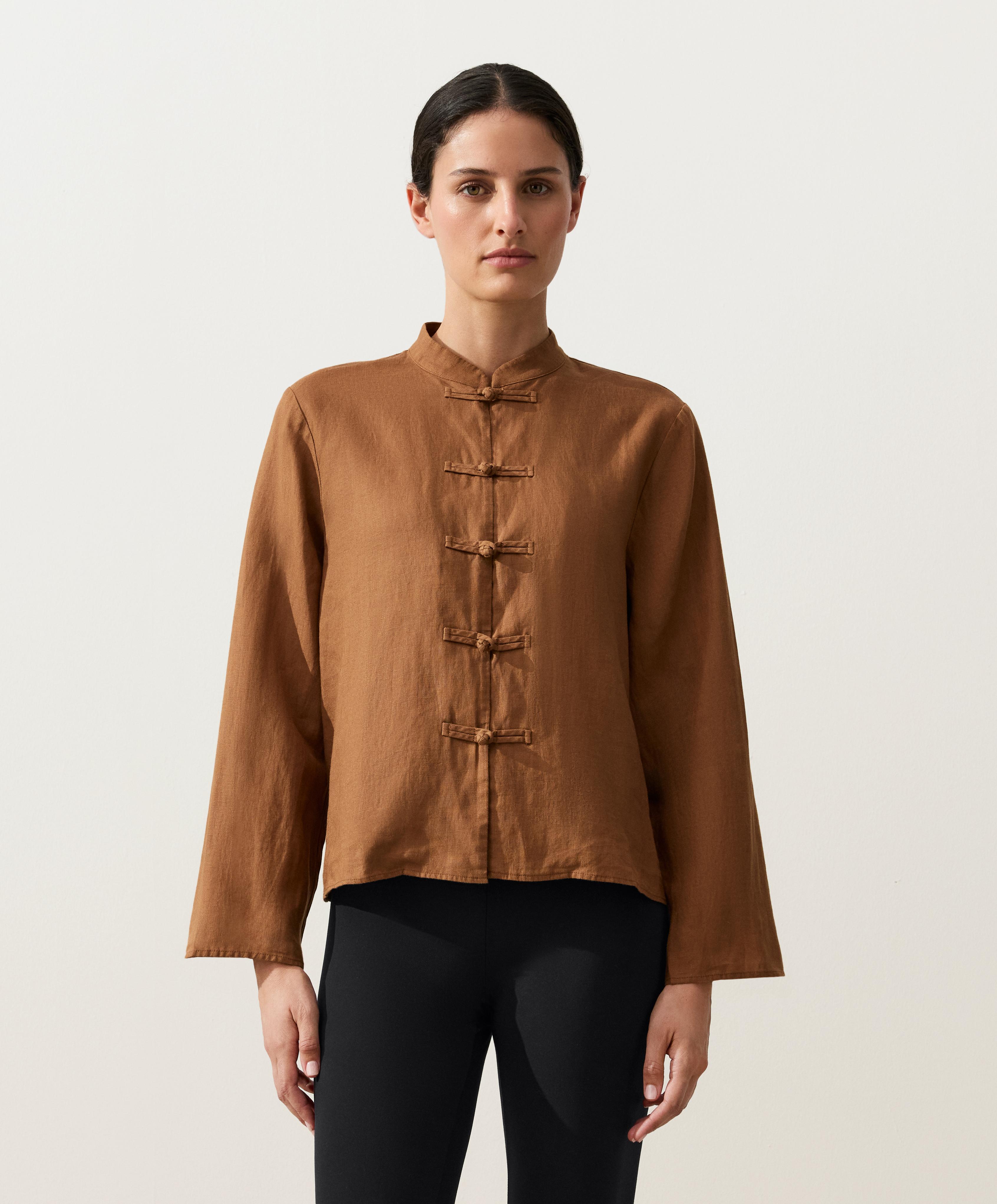 100% linen stand-up collar shirt — TOFFEE