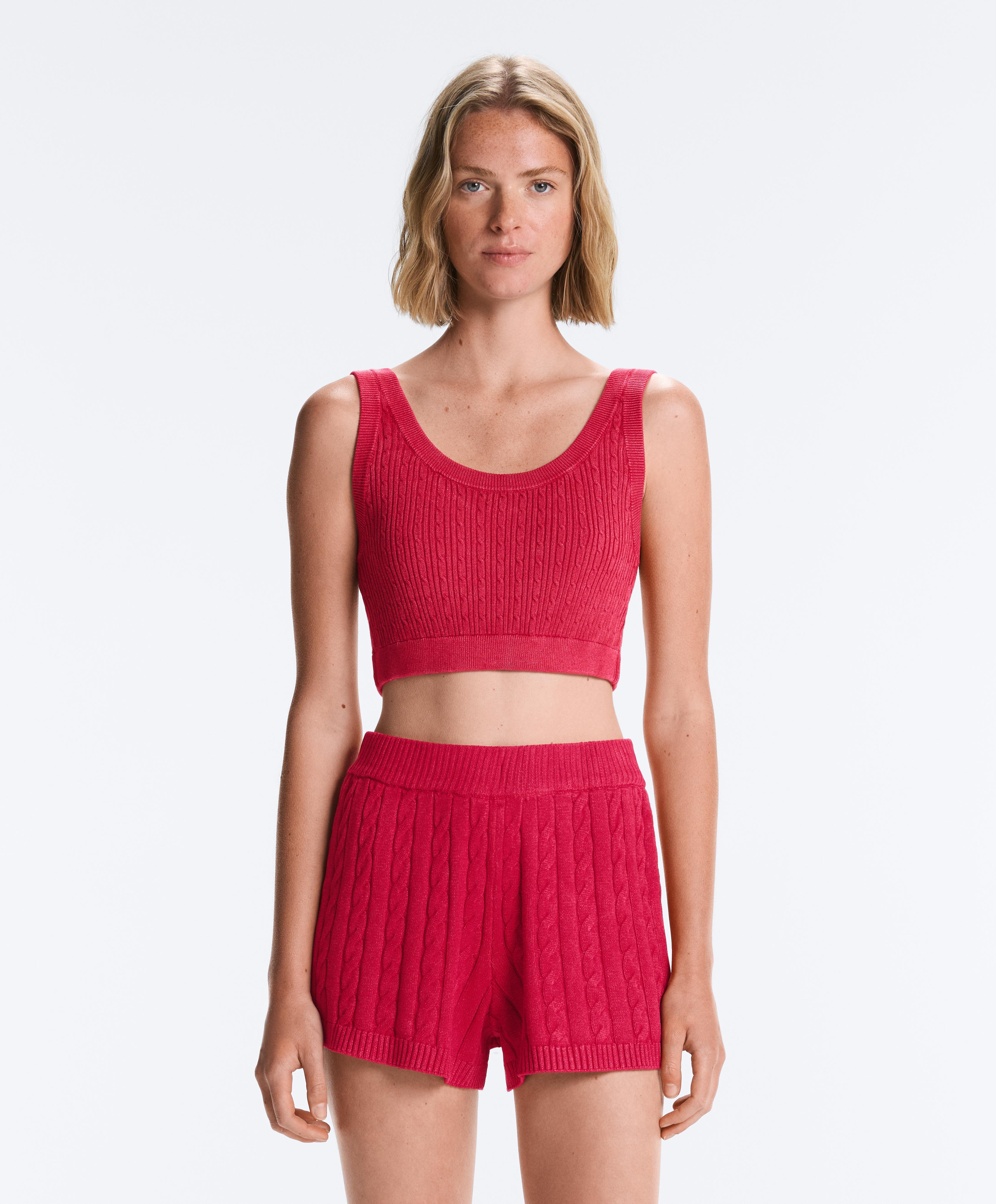 Washed knit crop cable strap T-shirt — RED