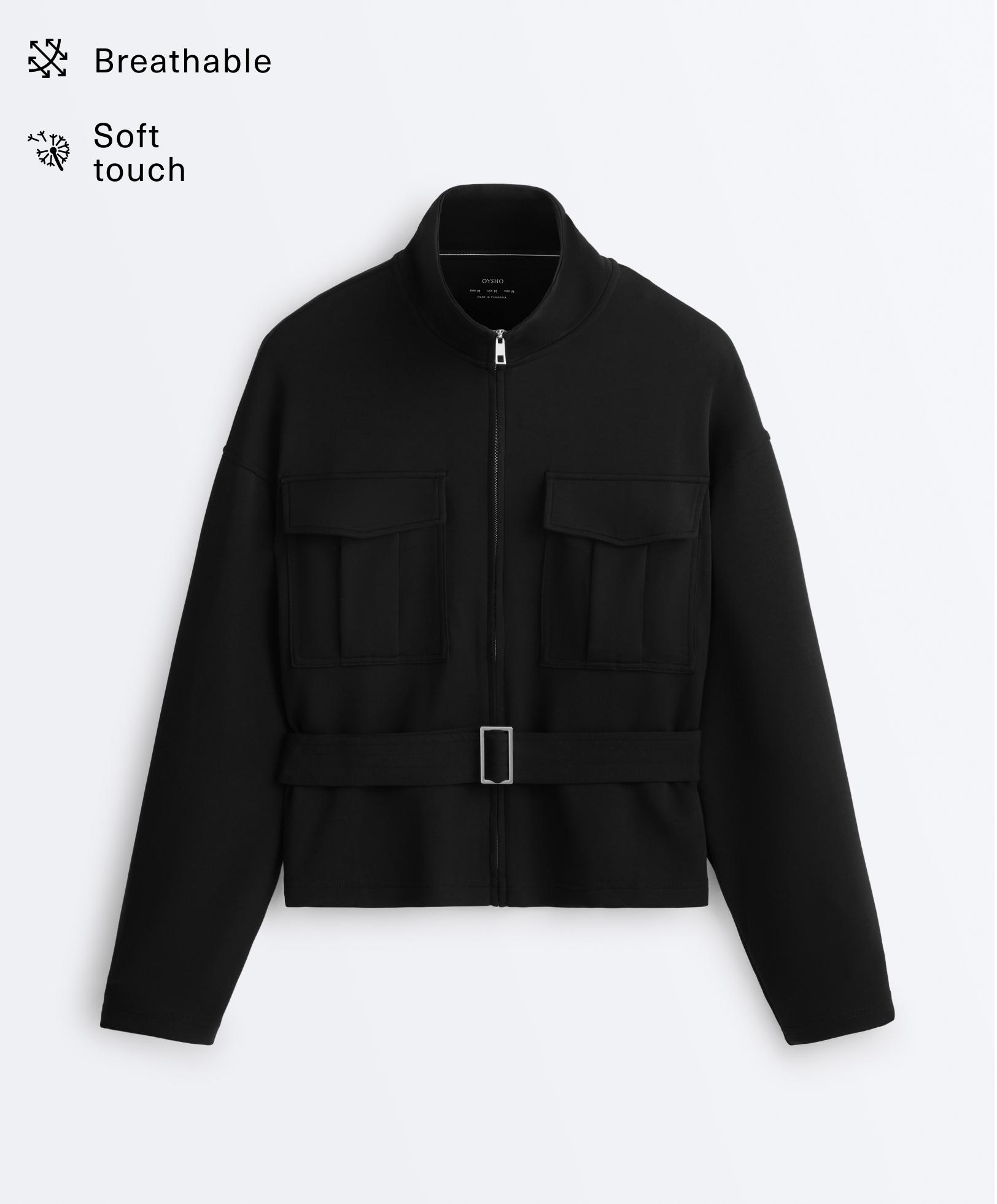 Soft-touch belted jacket with modal — BLACK