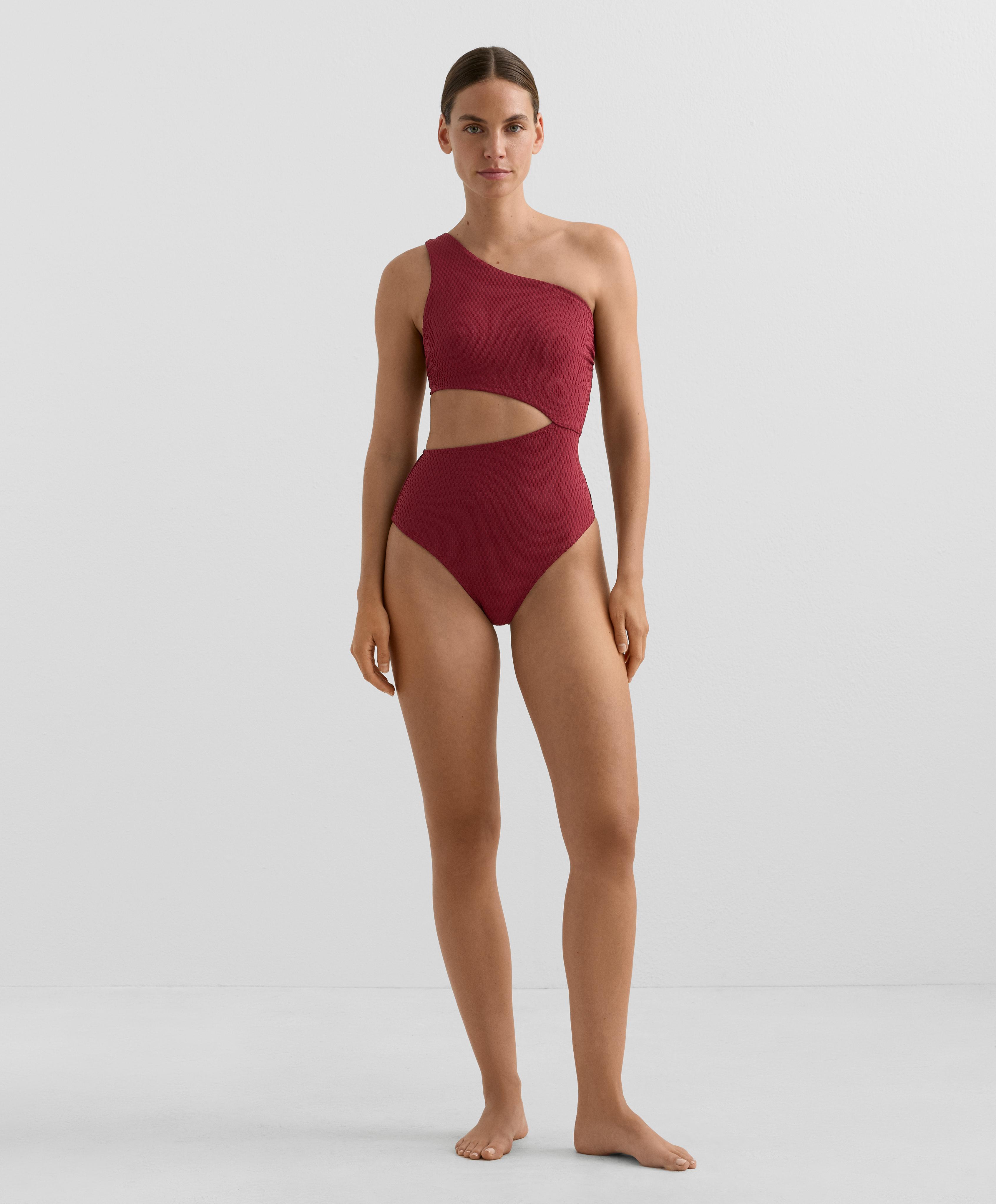 Mini check jacquard asymmetric trikini — PALE PLUM