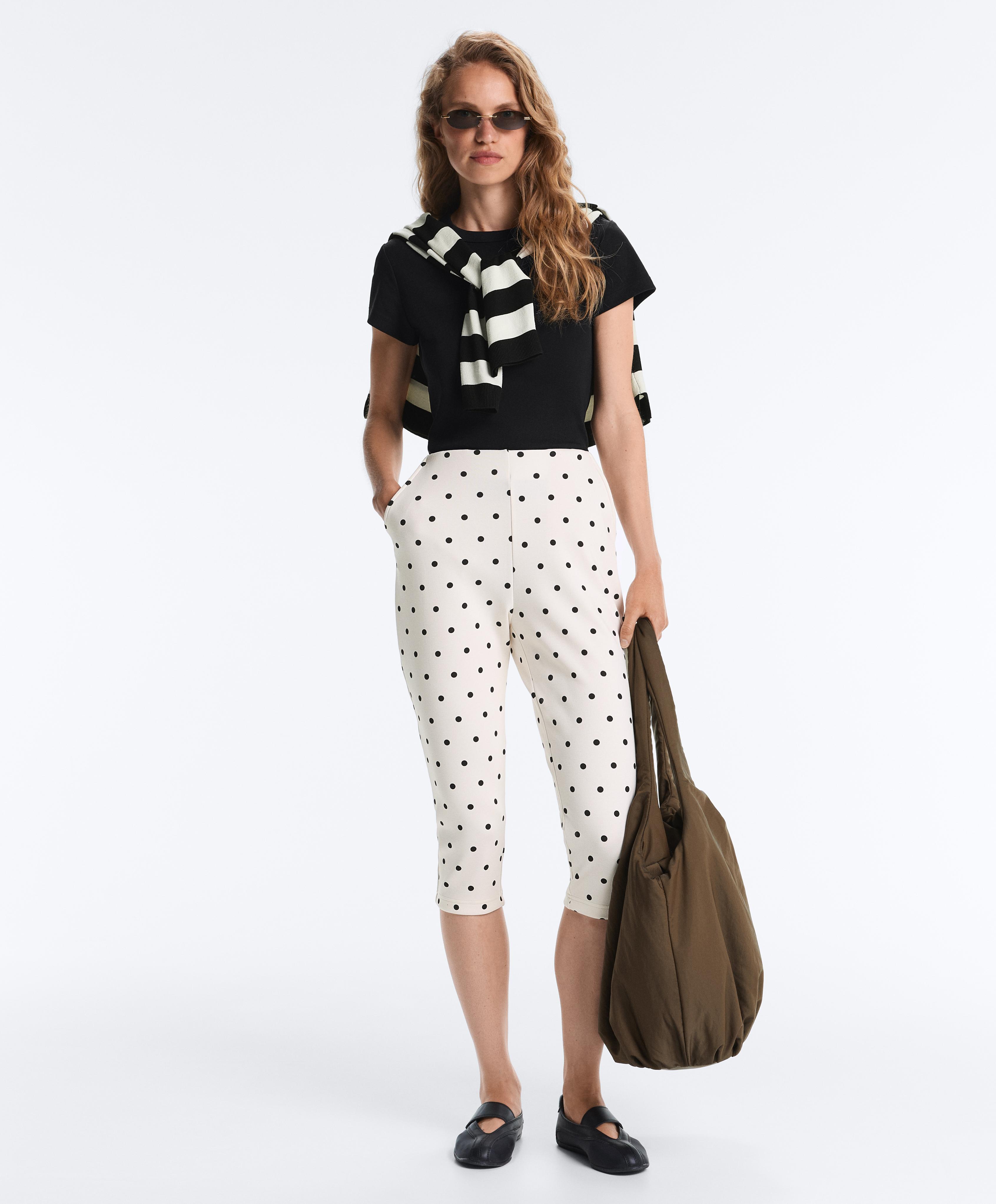 Polka dot piqué capri trousers with cotton — PALE ECRU
