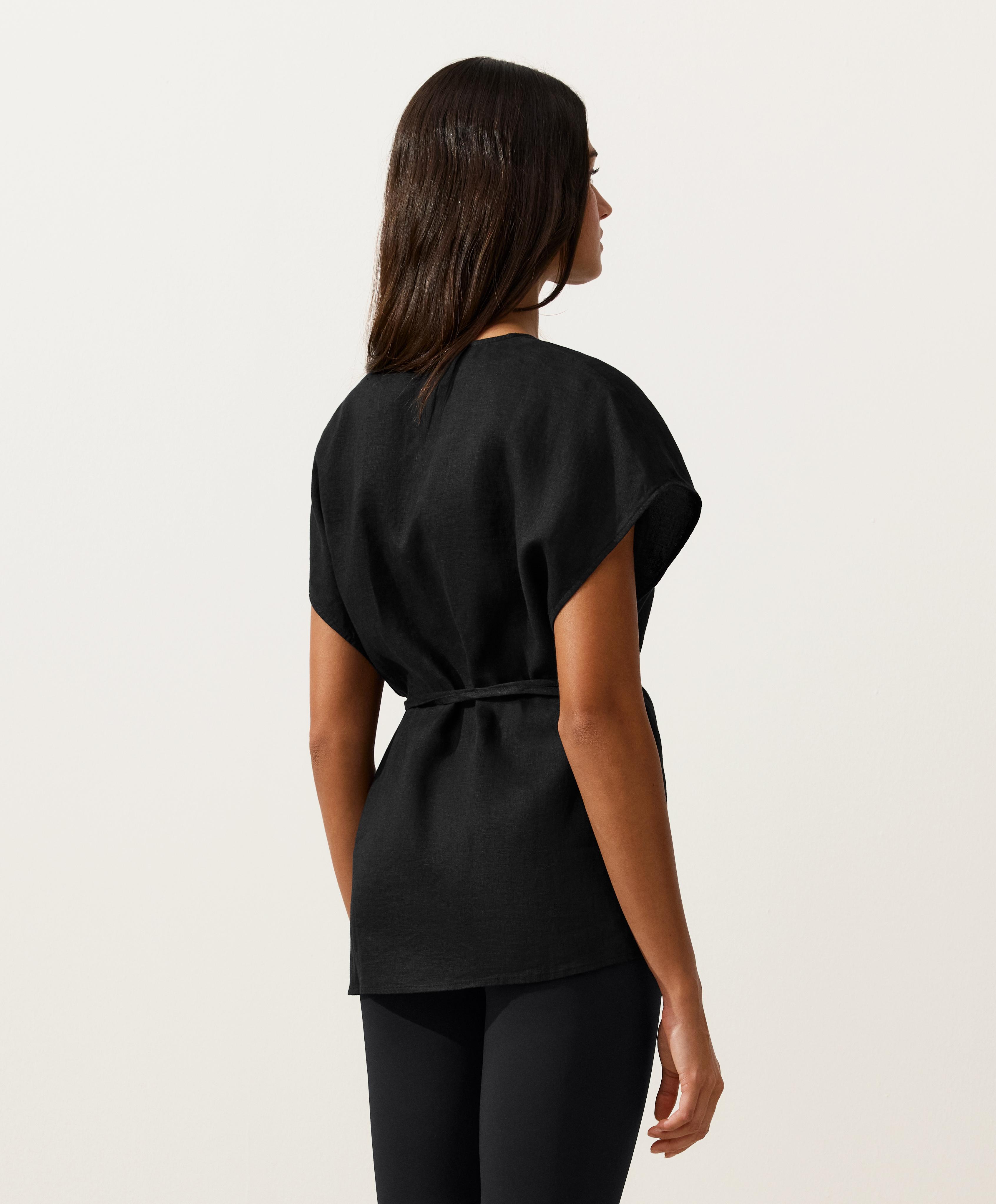 100% linen wrap shirt with tie — BLACK