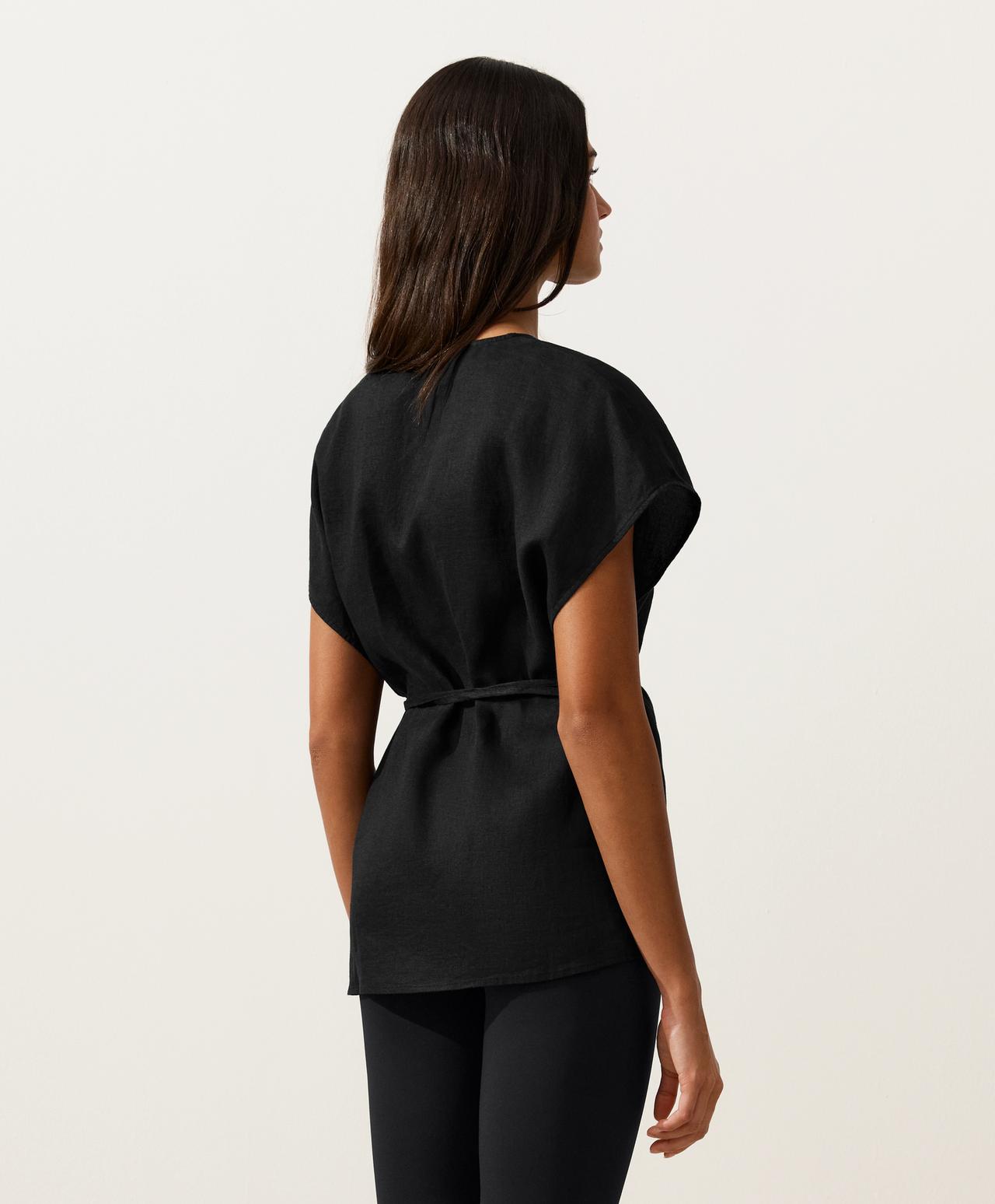 100% linen wrap shirt with tie — BLACK