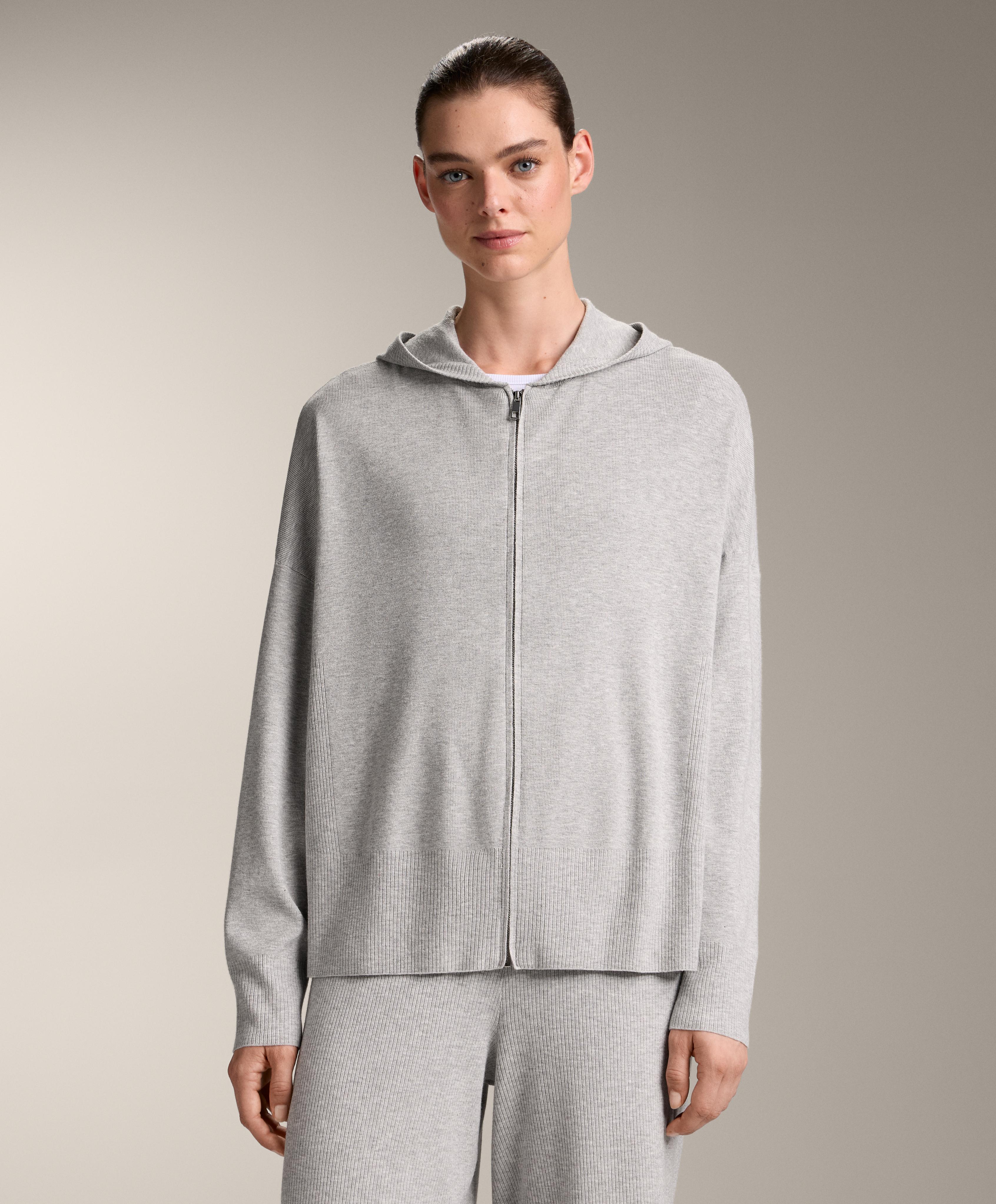 Knit long hooded jacket with rib detail