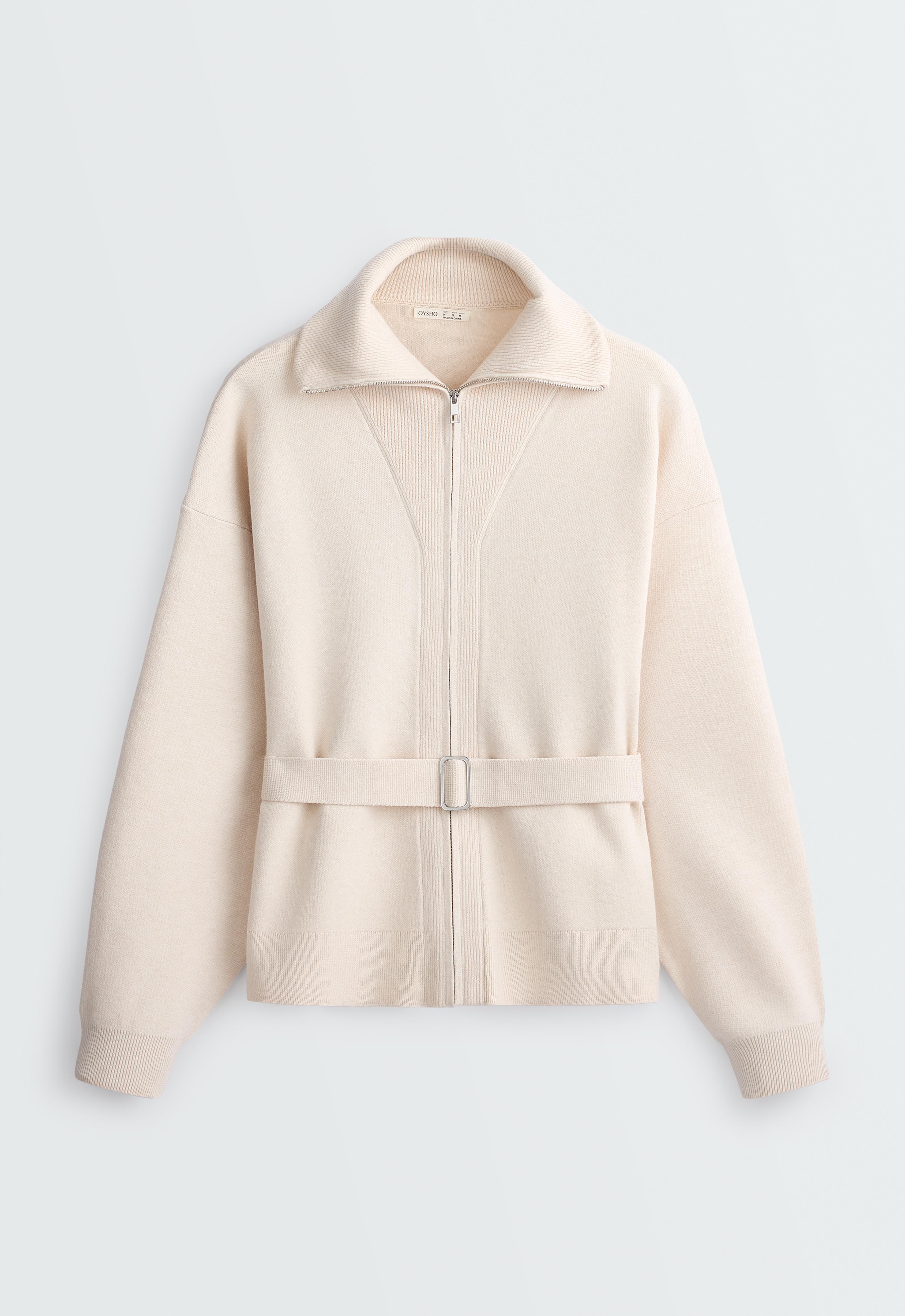 High-neck belted jacket — ECRU