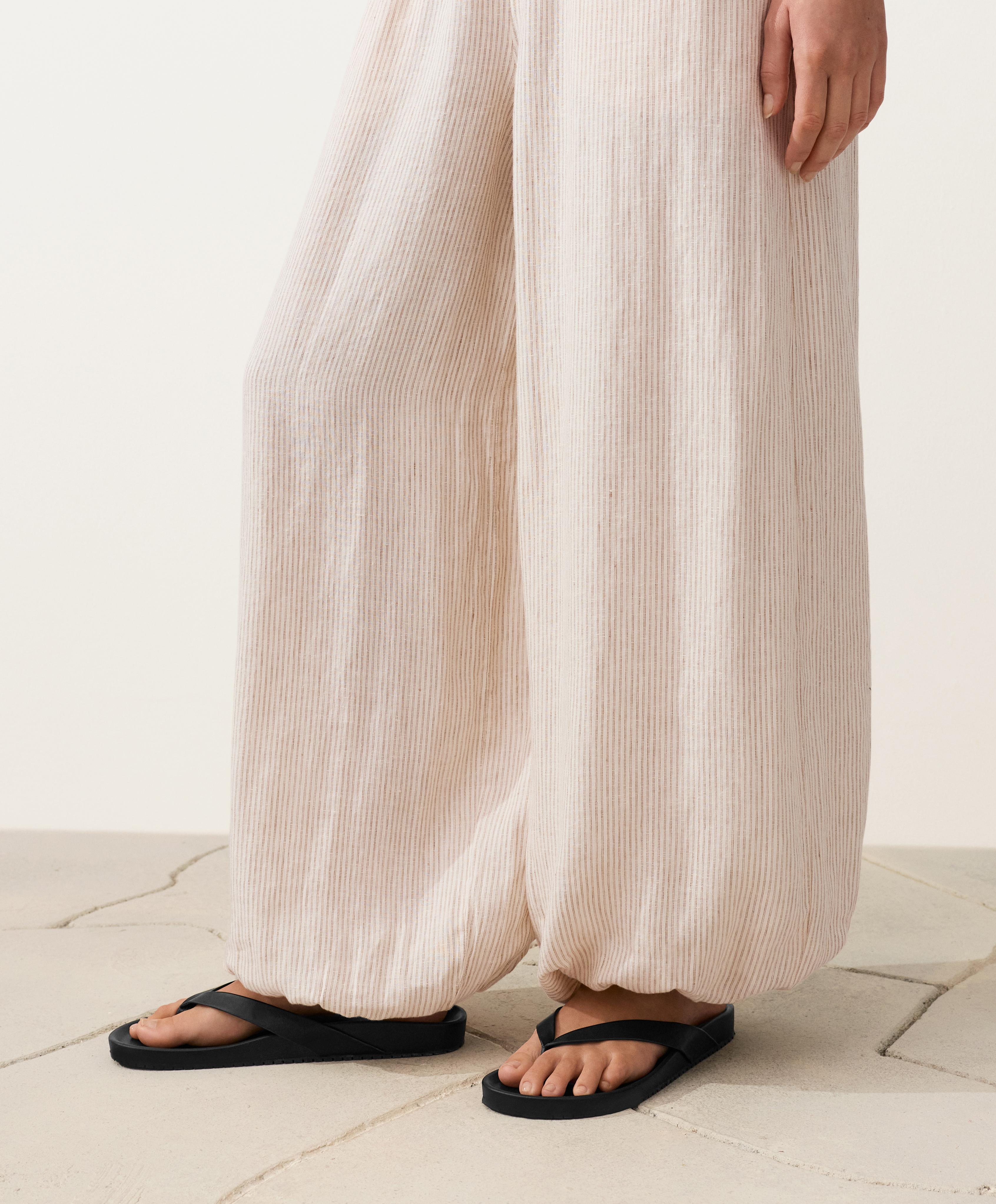 Çizgili %100 keten bloomer pantolon Çizgili %100 keten bloomer pantolon