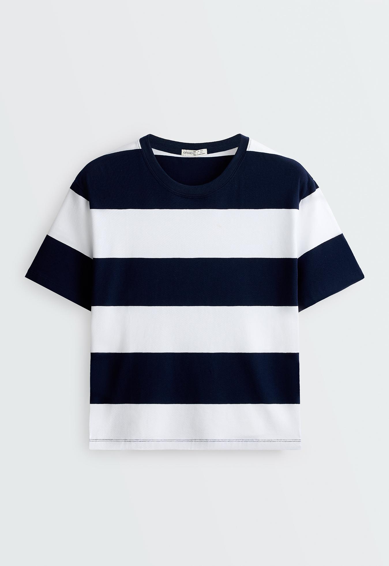 Boxy cotton-blend T-shirt with wide stripes — NAVY BLUE