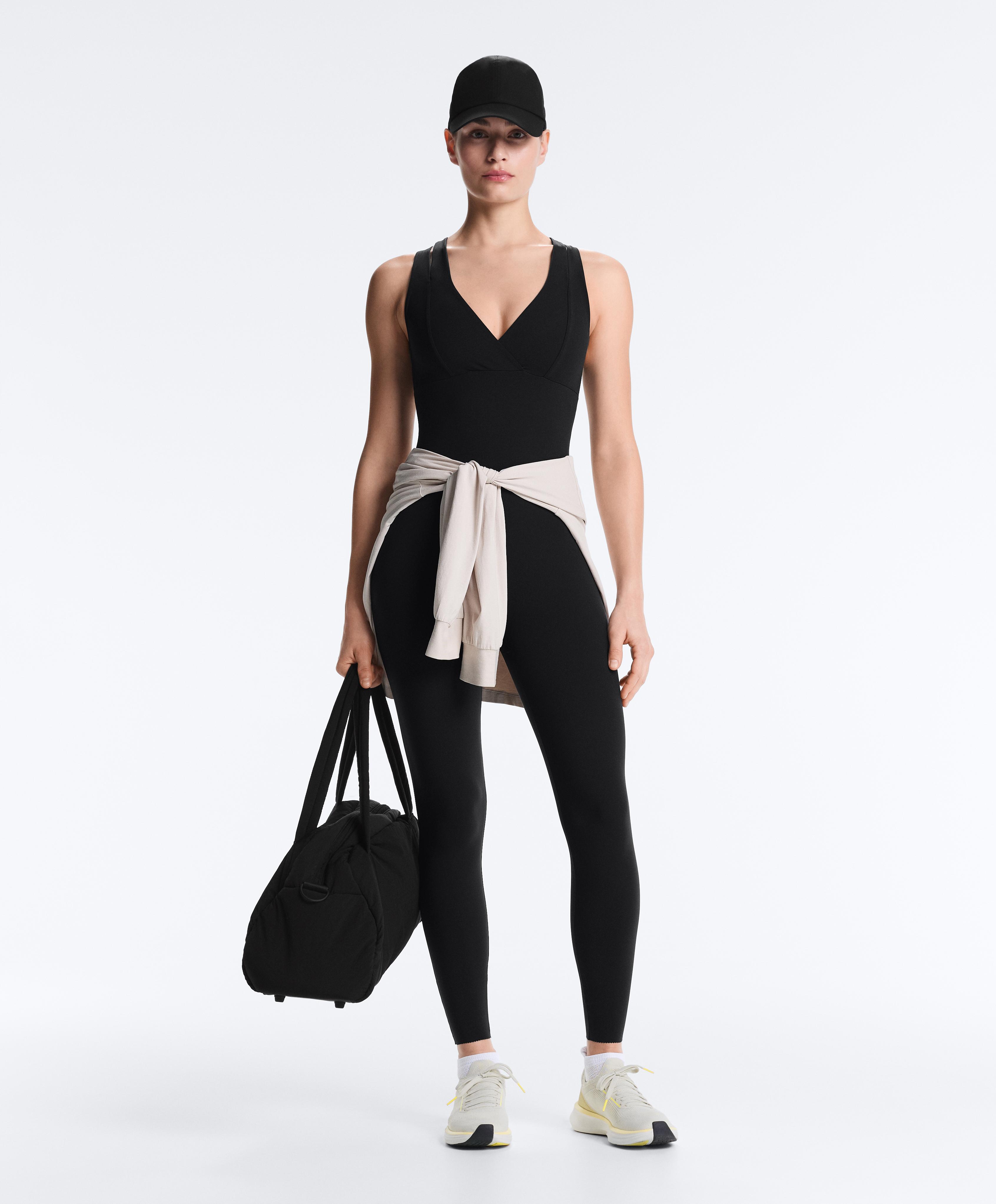 Compressive long jumpsuit with double strap — BLACK