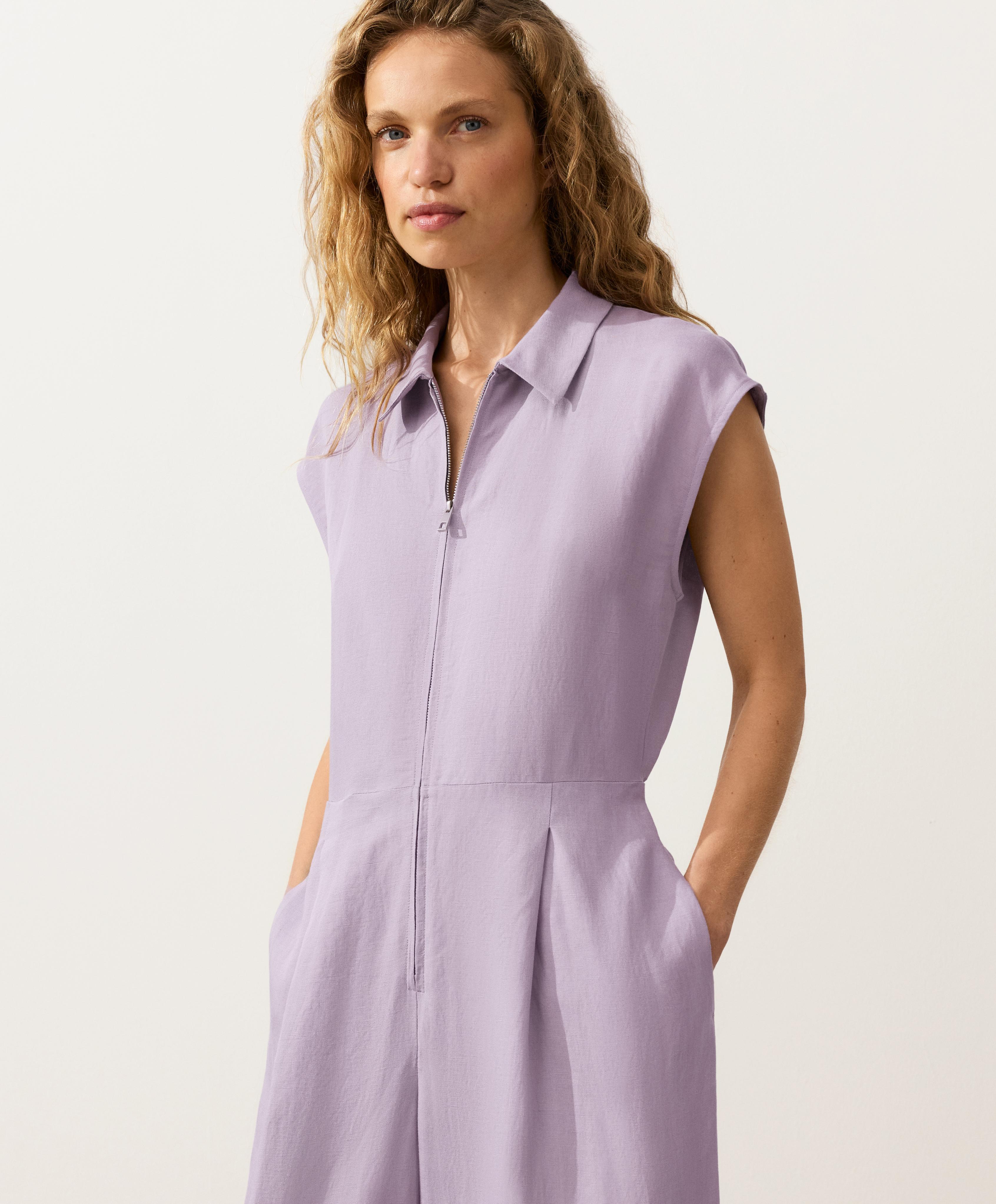 Linen long jumpsuit with lapel collar — LILAC