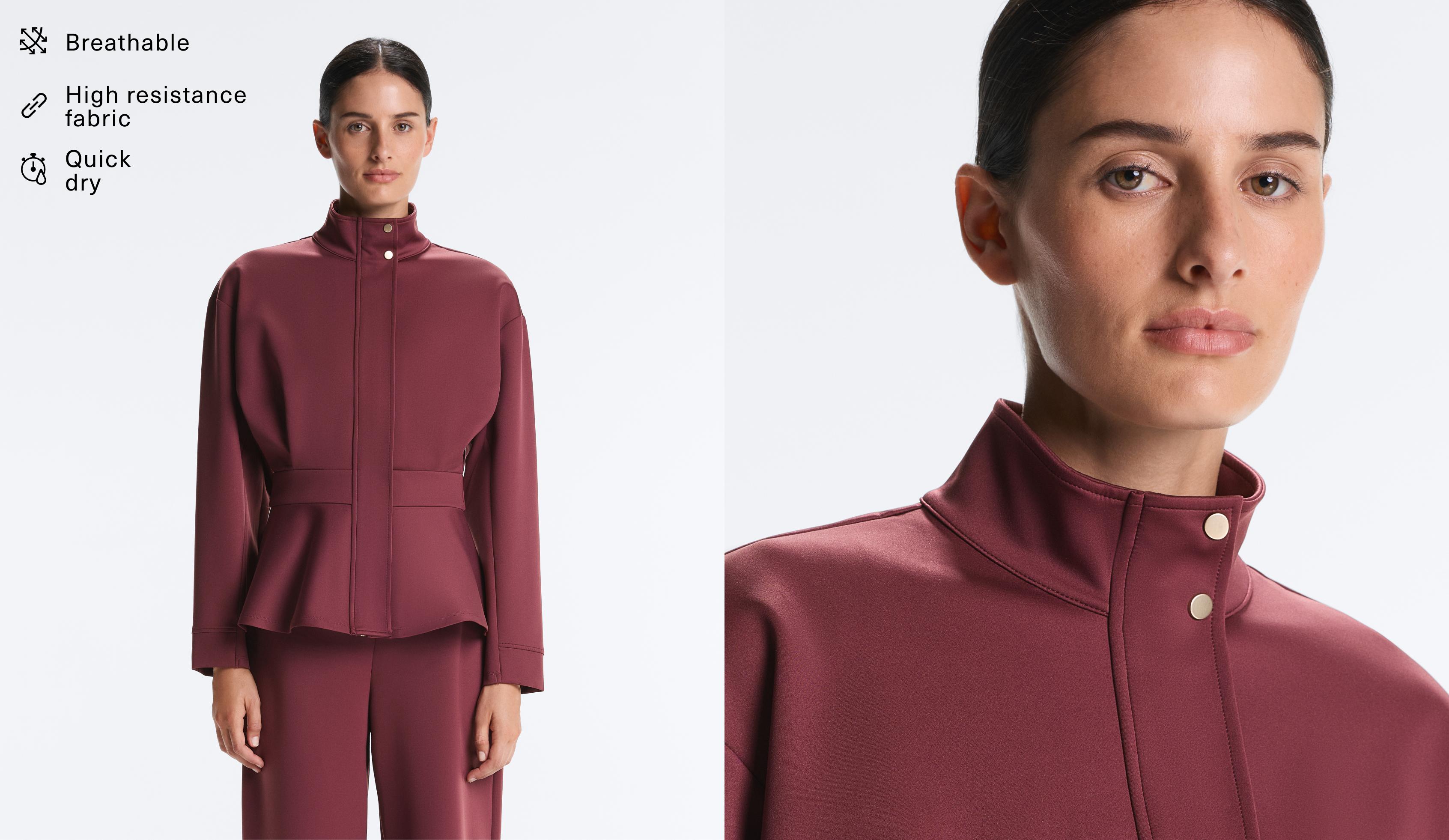 Neoprene-effect peplum jacket — CHERRY