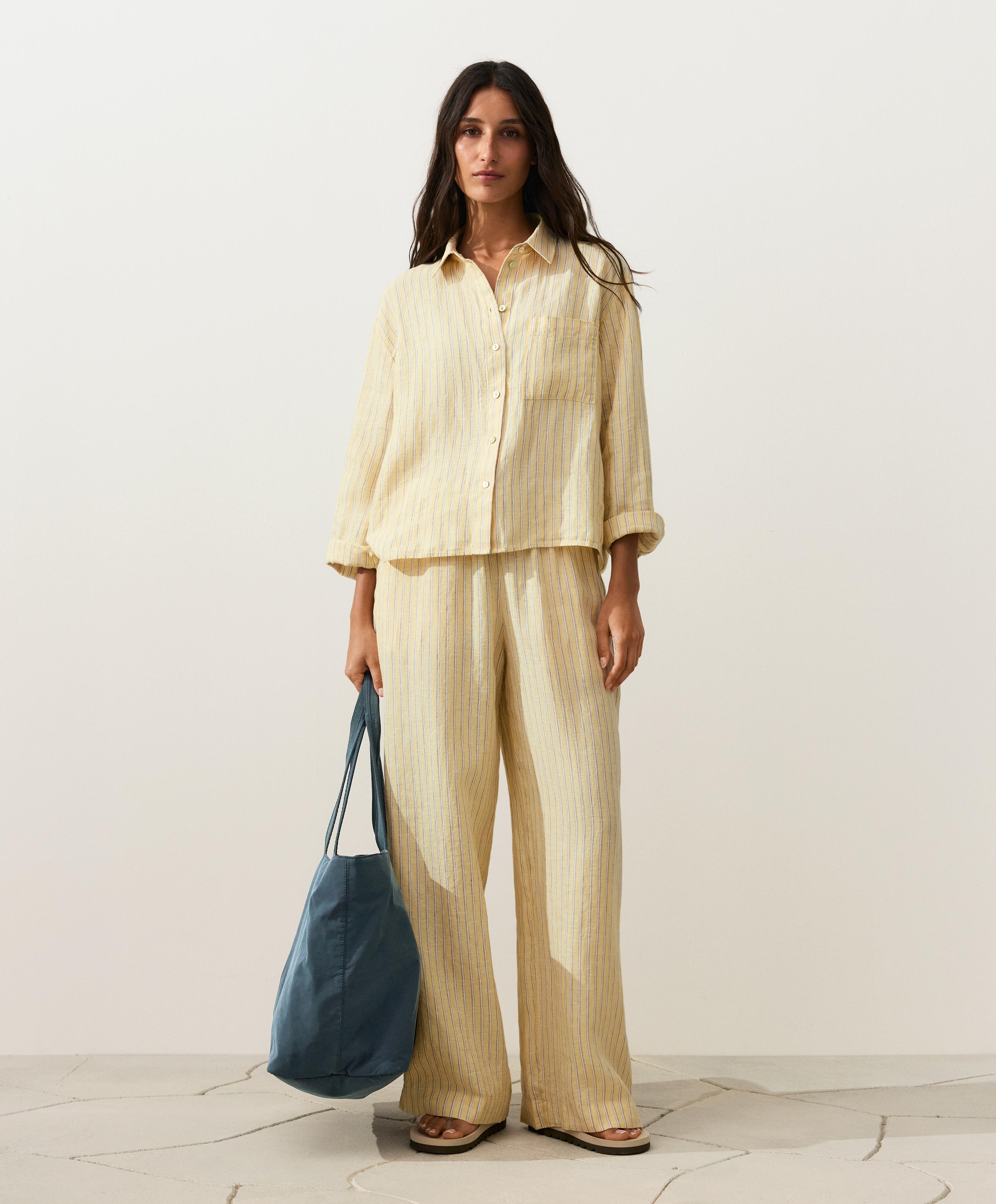 Striped 100% linen cropped shirt — SOFT YELLOW