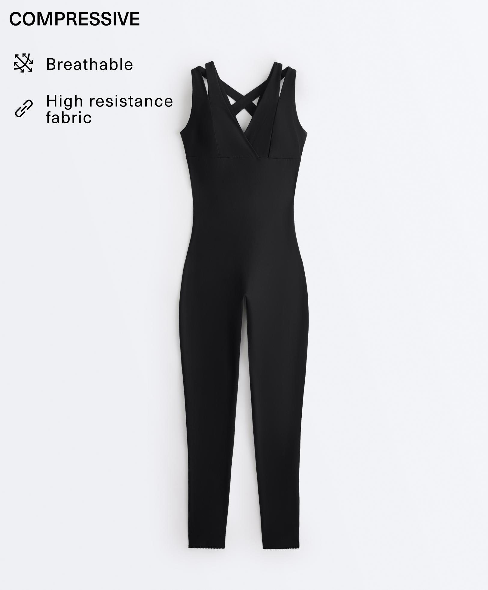 Compressive long jumpsuit with double strap — BLACK