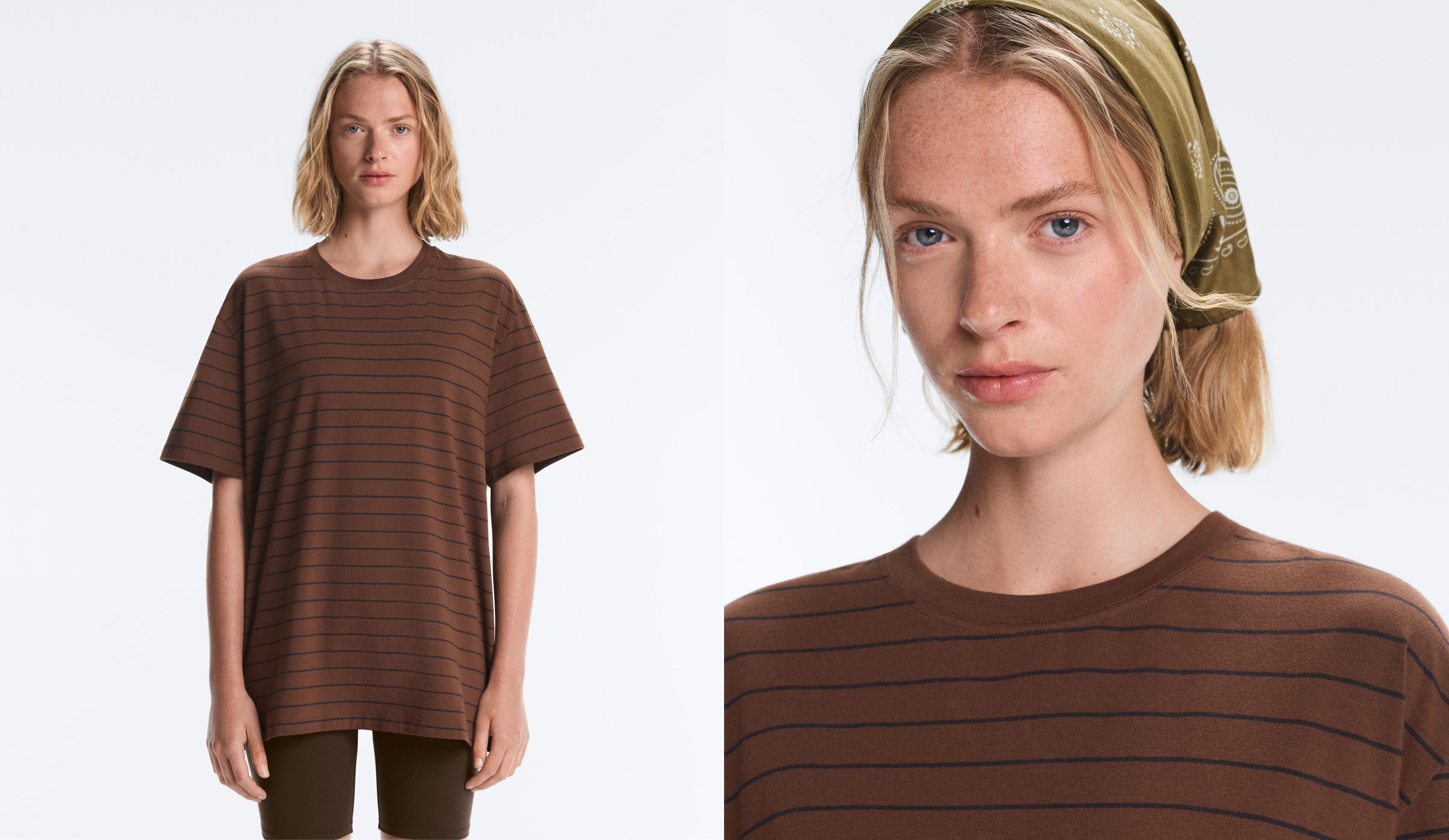 Oversize striped cotton blend short sleeve T-shirt — DARK BROWN