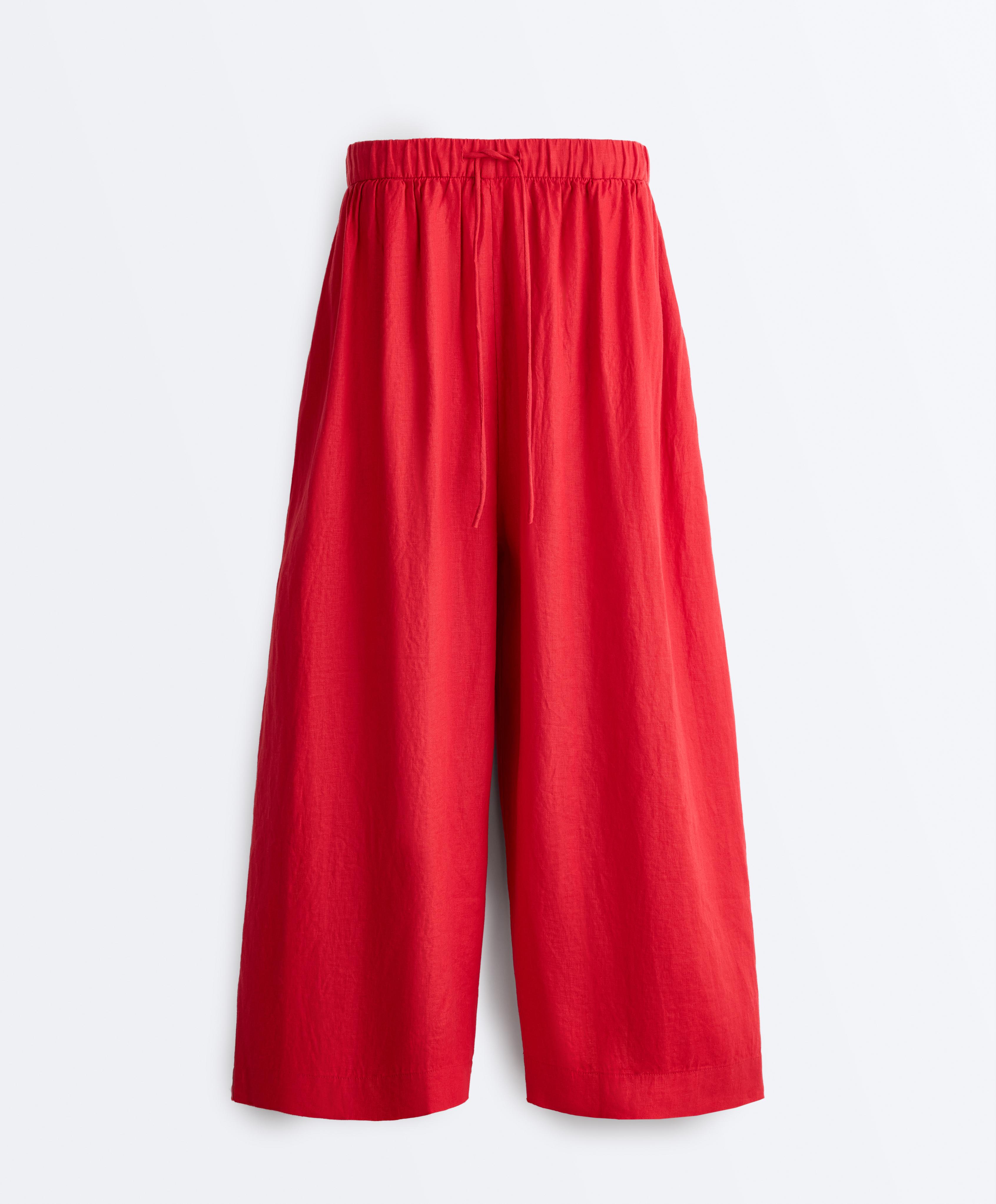 100% linen crop balloon trousers — BRIGHT RED