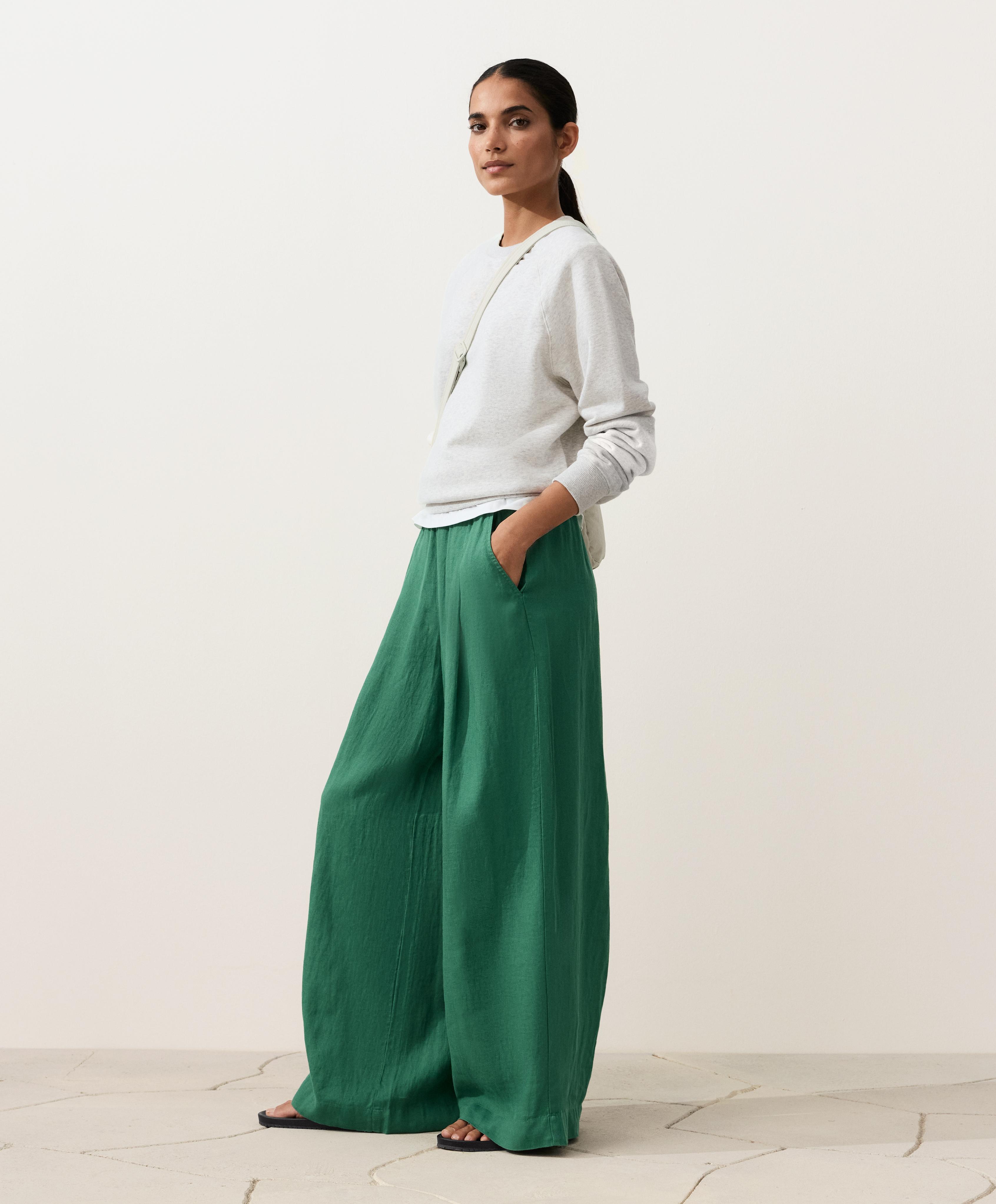 100% linen wide-leg trousers — EMERALD GREEN