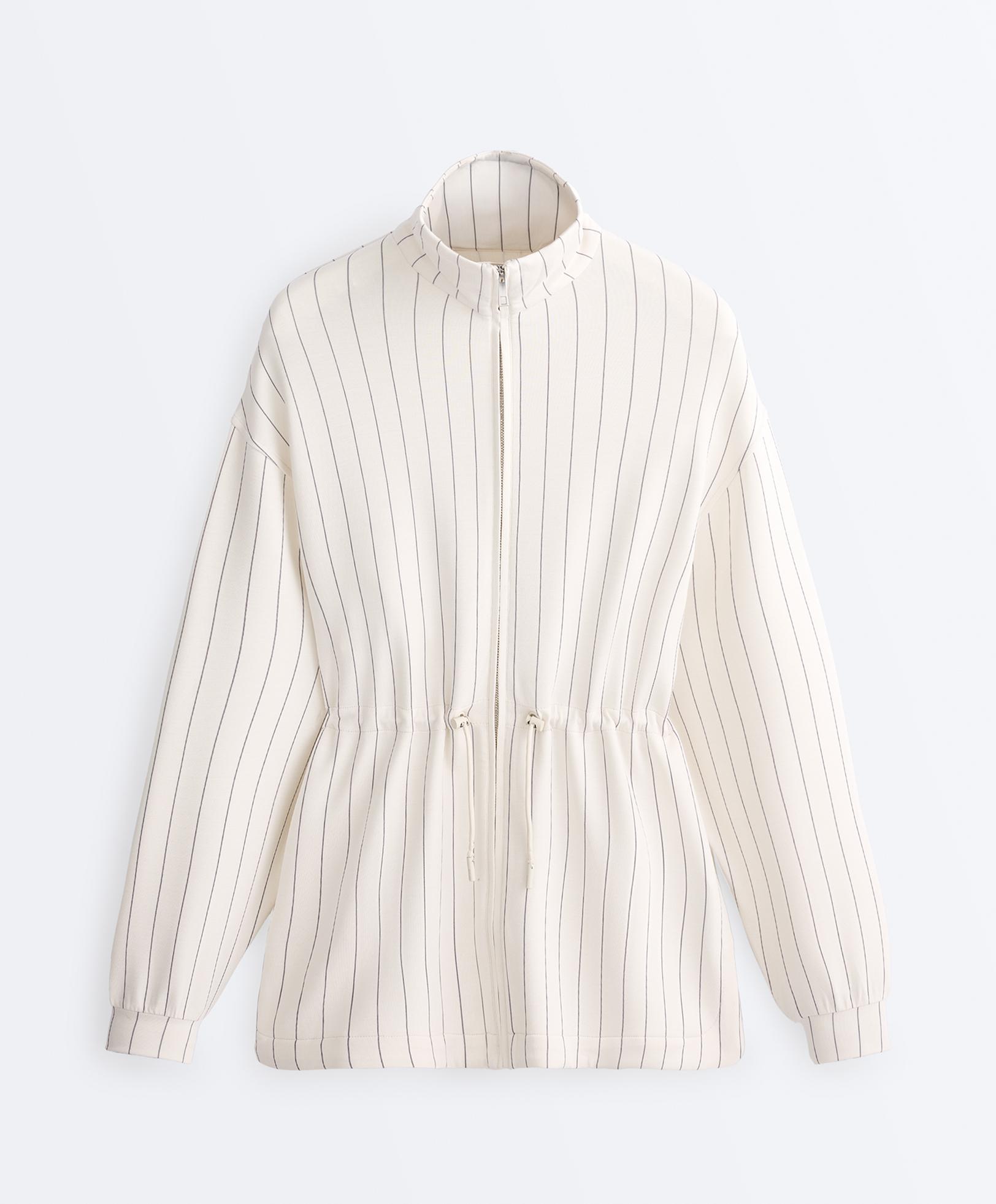 Long pinstripe jacket with adjustable waist and soft-touch modal — ECRU