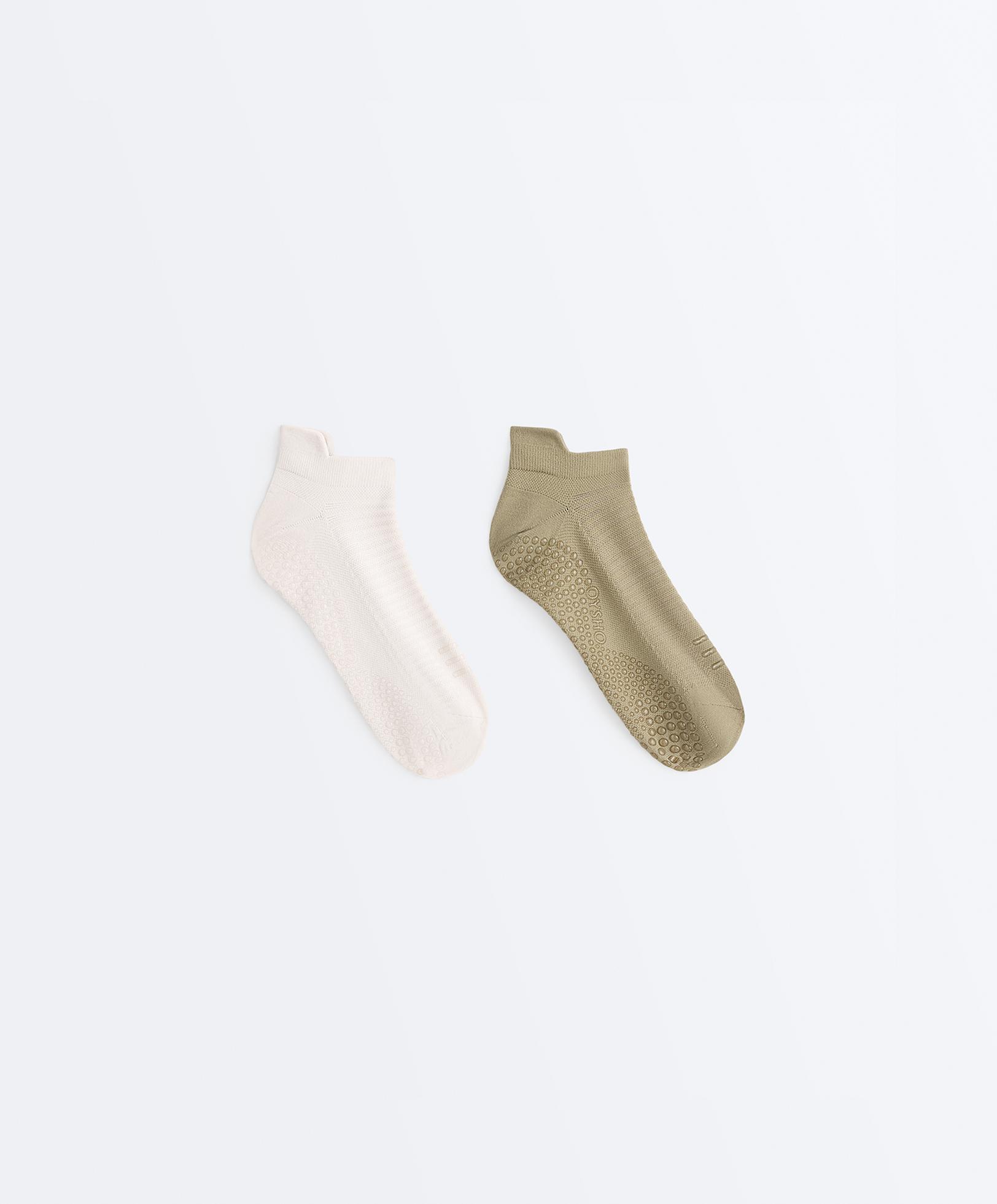 2 pairs of polyamide blend yoga and Pilates sneaker socks — GREEN BEIGE