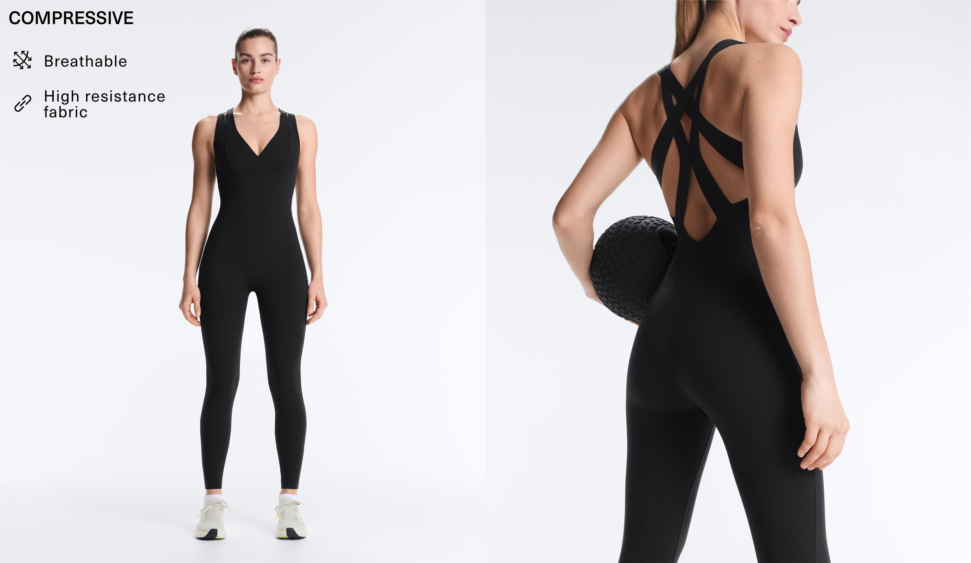Compressive long jumpsuit with double strap