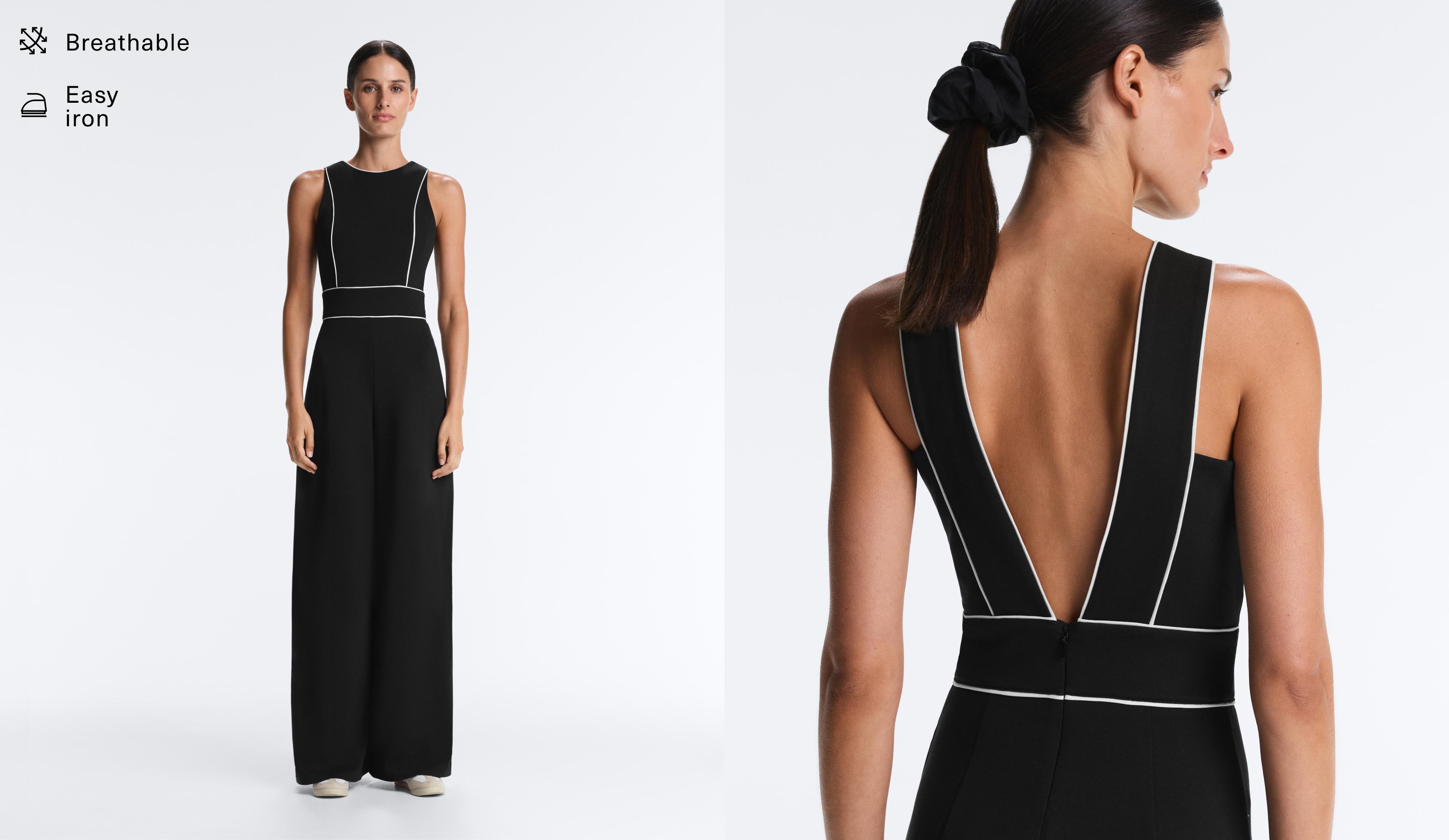 Long piping piqué jumpsuit with cotton — BLACK