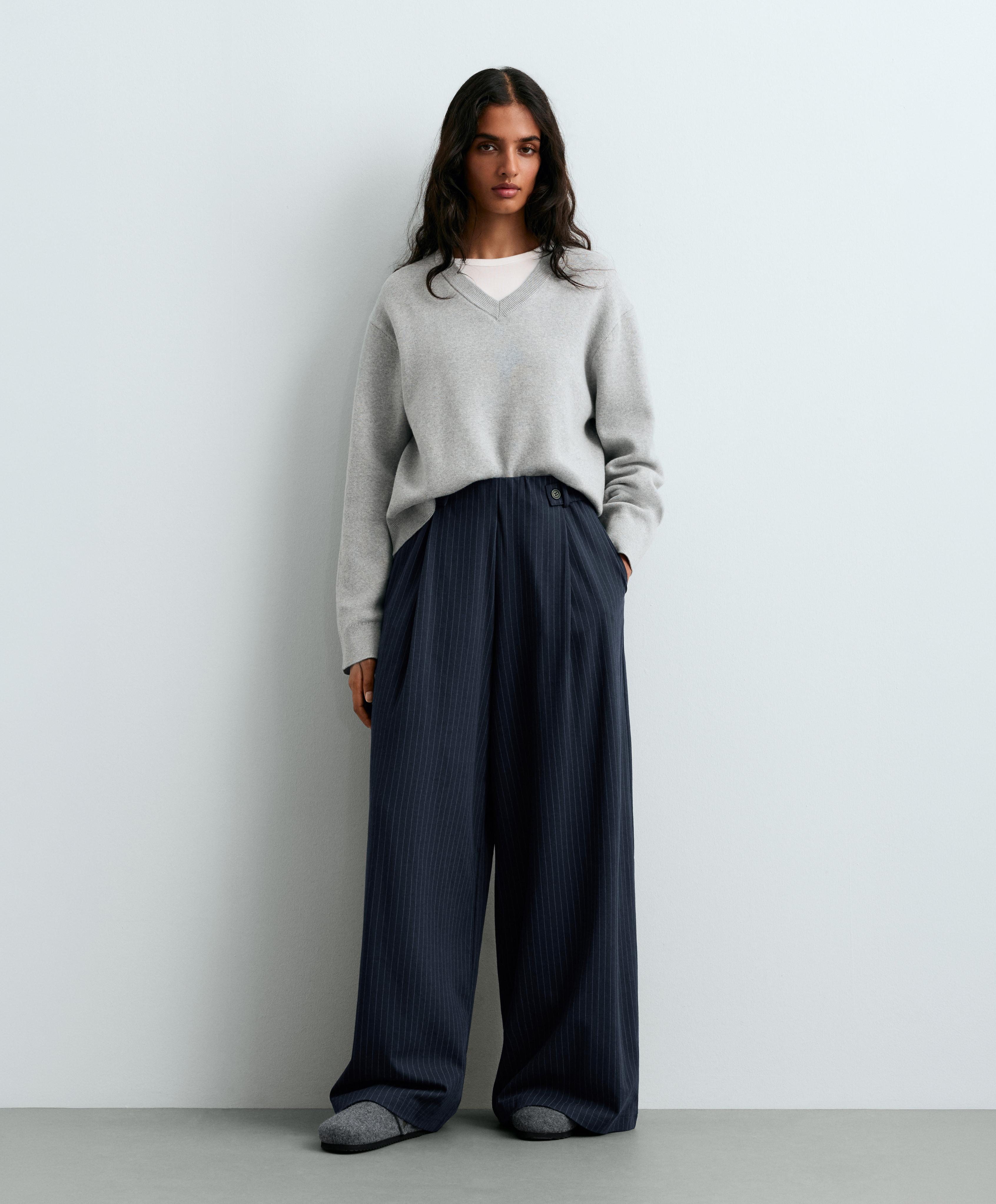Pinstripe cotton pique wide-leg trousers — NAVY BLUE