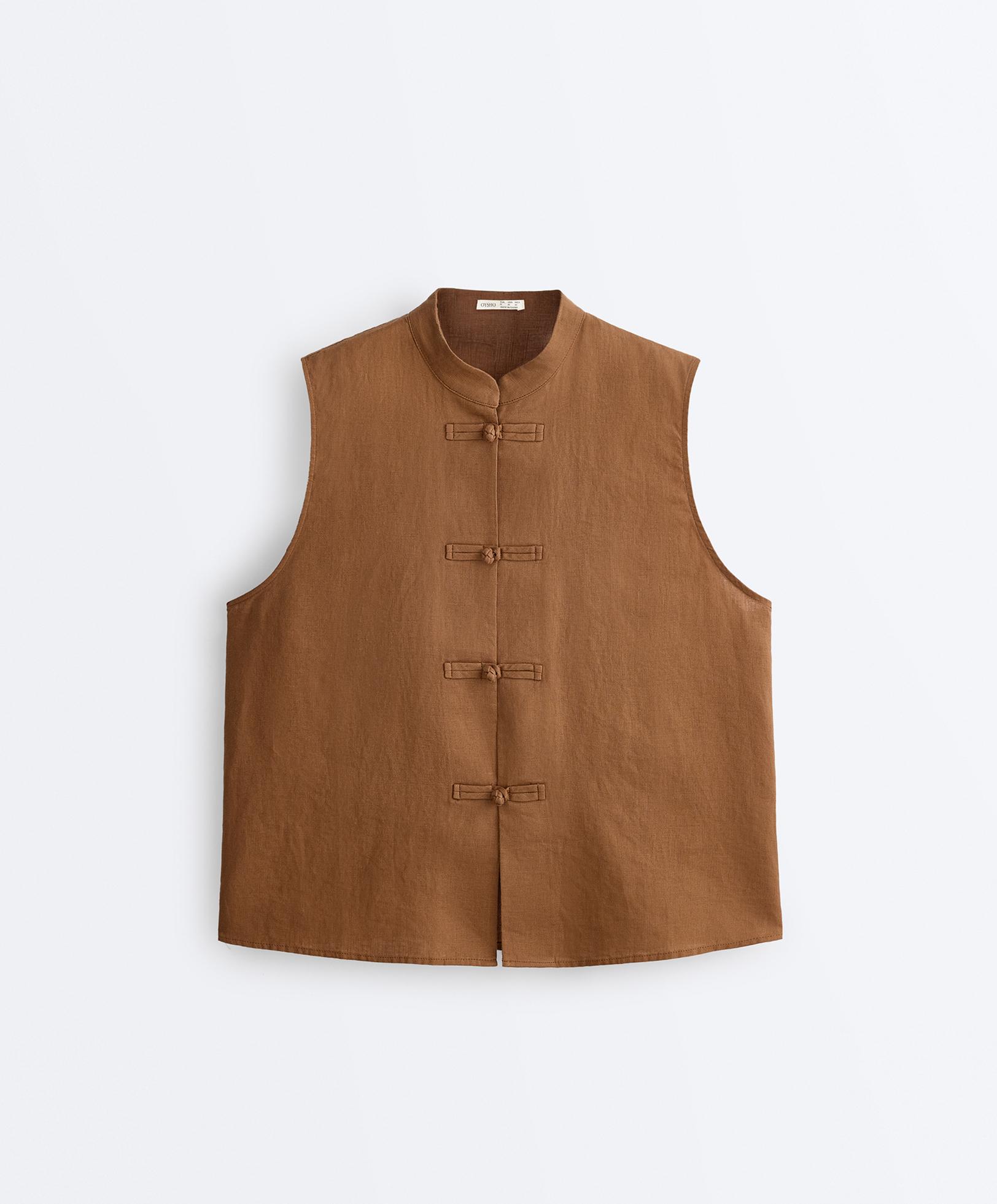 100% linen sleeveless stand-up collar shirt — TOFFEE