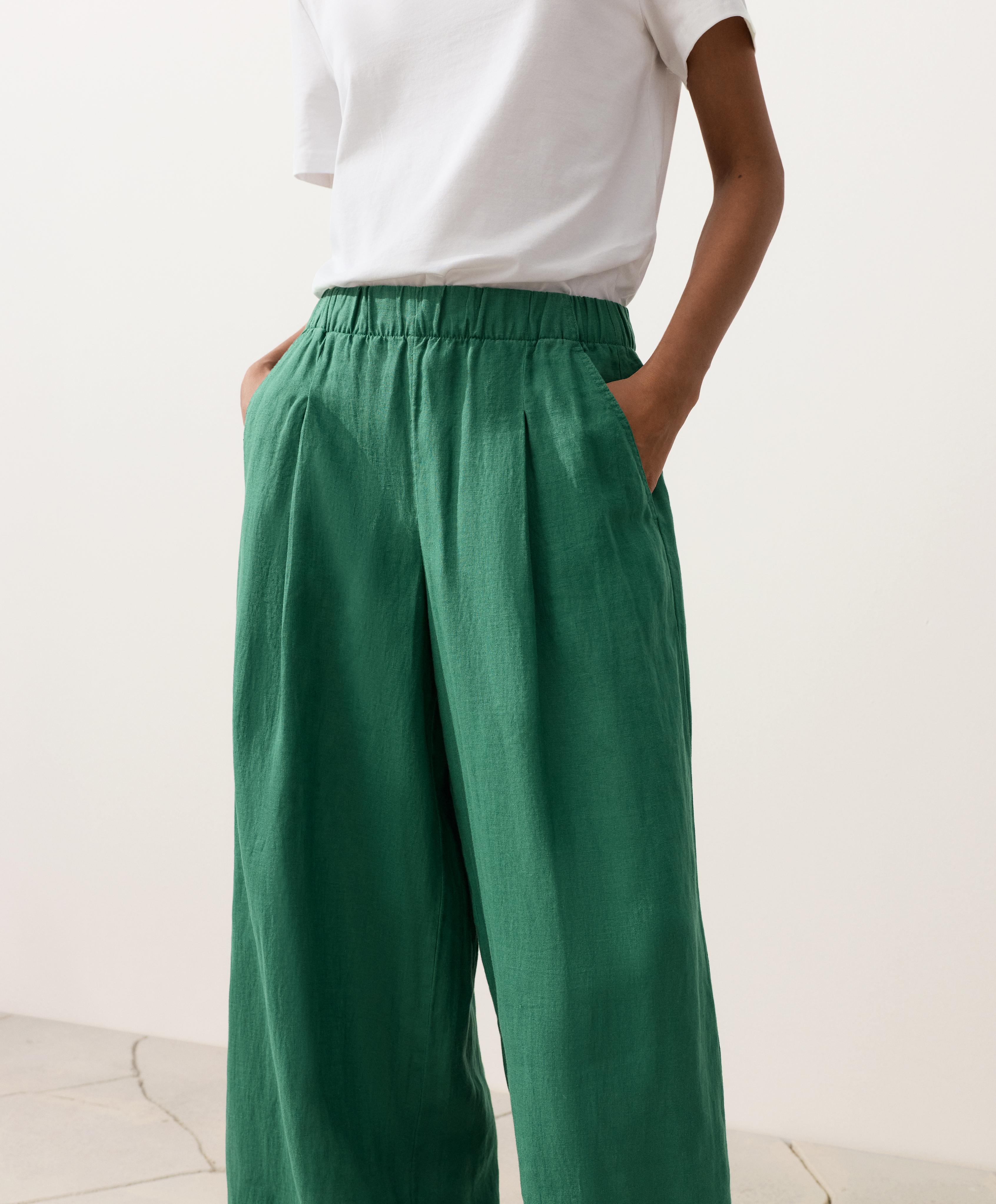 100% linen wide-leg trousers — EMERALD GREEN