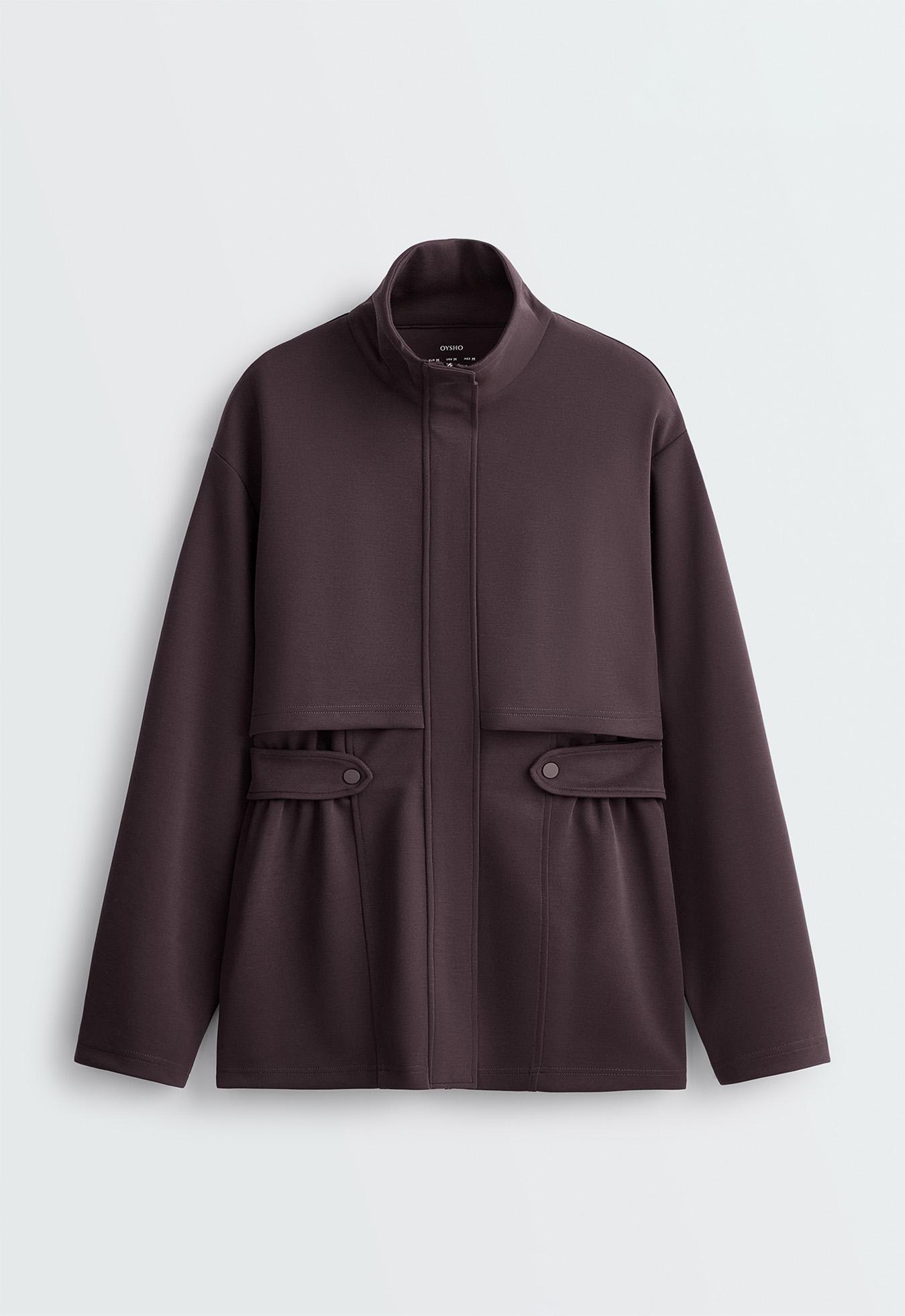 Long piqué jacket with belt — Purplish brown