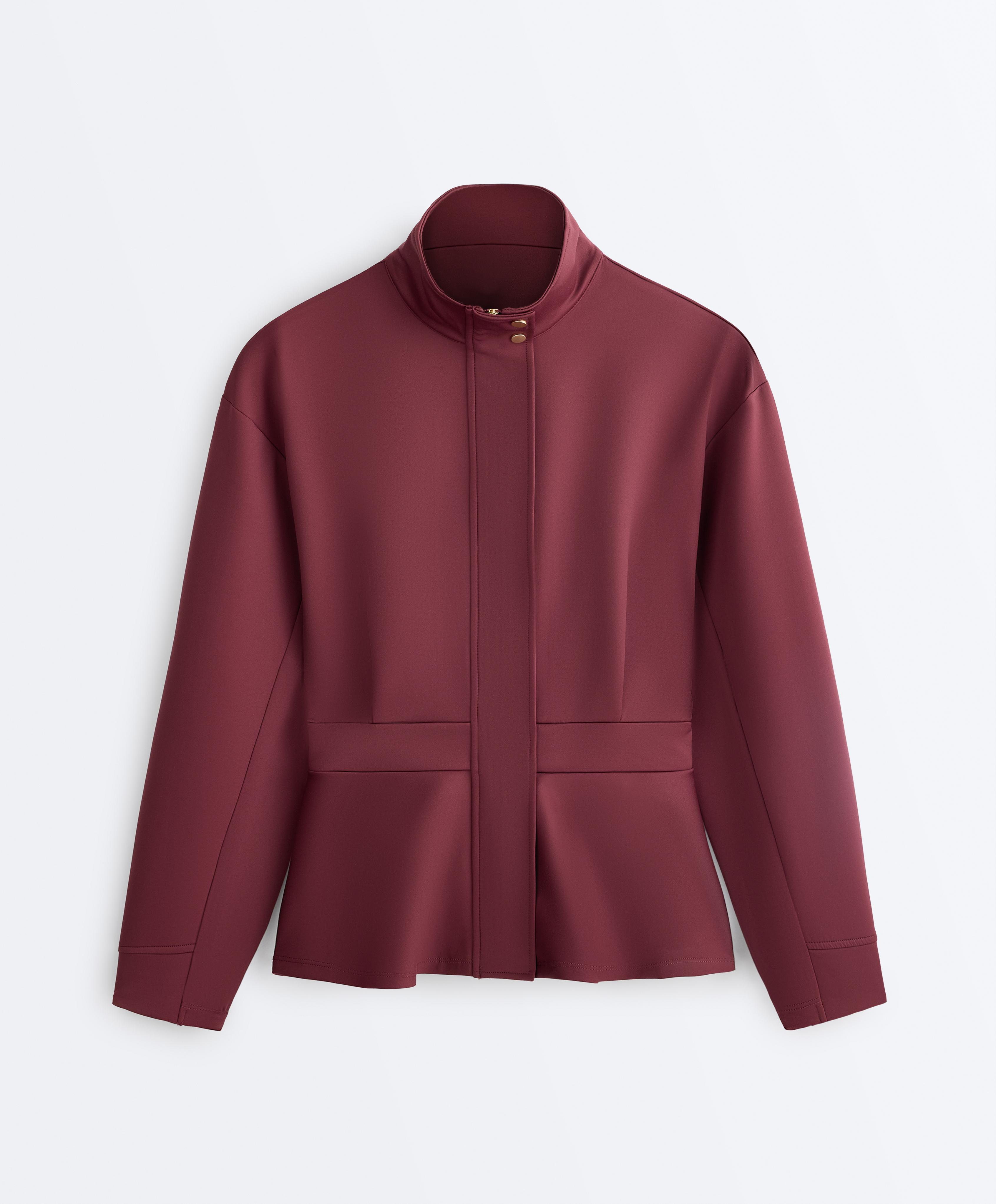 Neoprene-effect peplum jacket — CHERRY