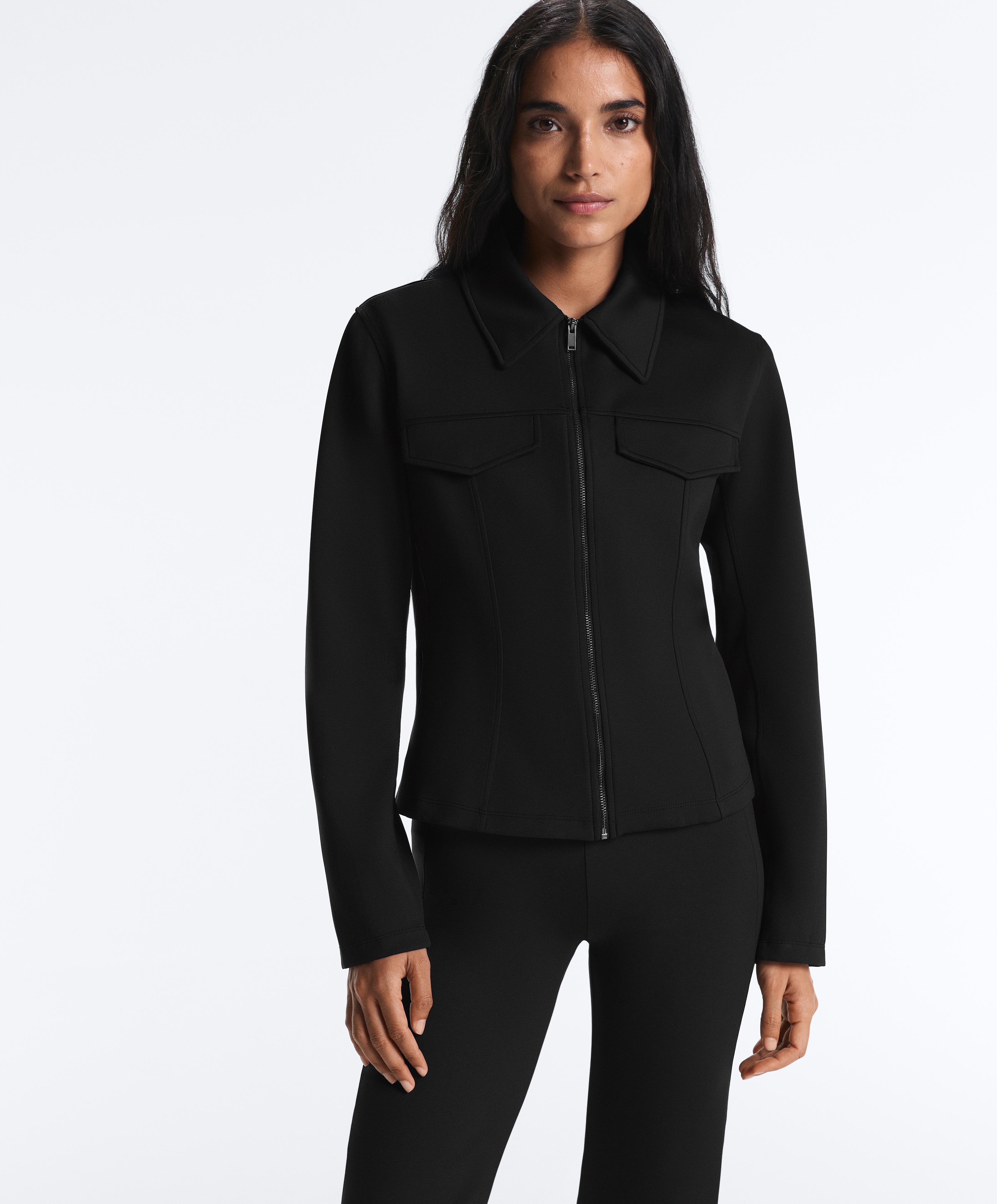 Neoprene-effect peplum jacket with ribbing — BLACK