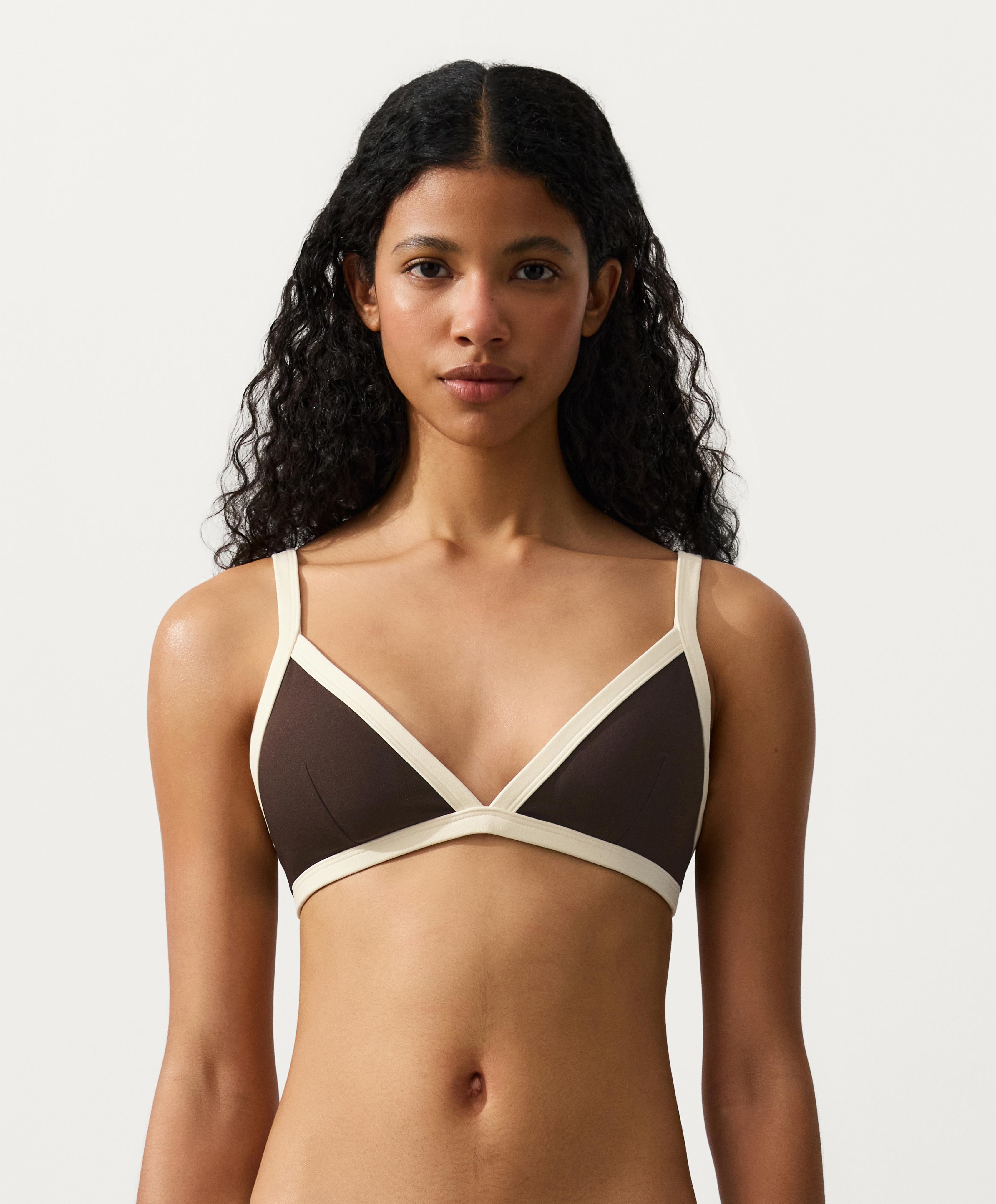 Contrast trim triangle bikini top — DARK BROWN