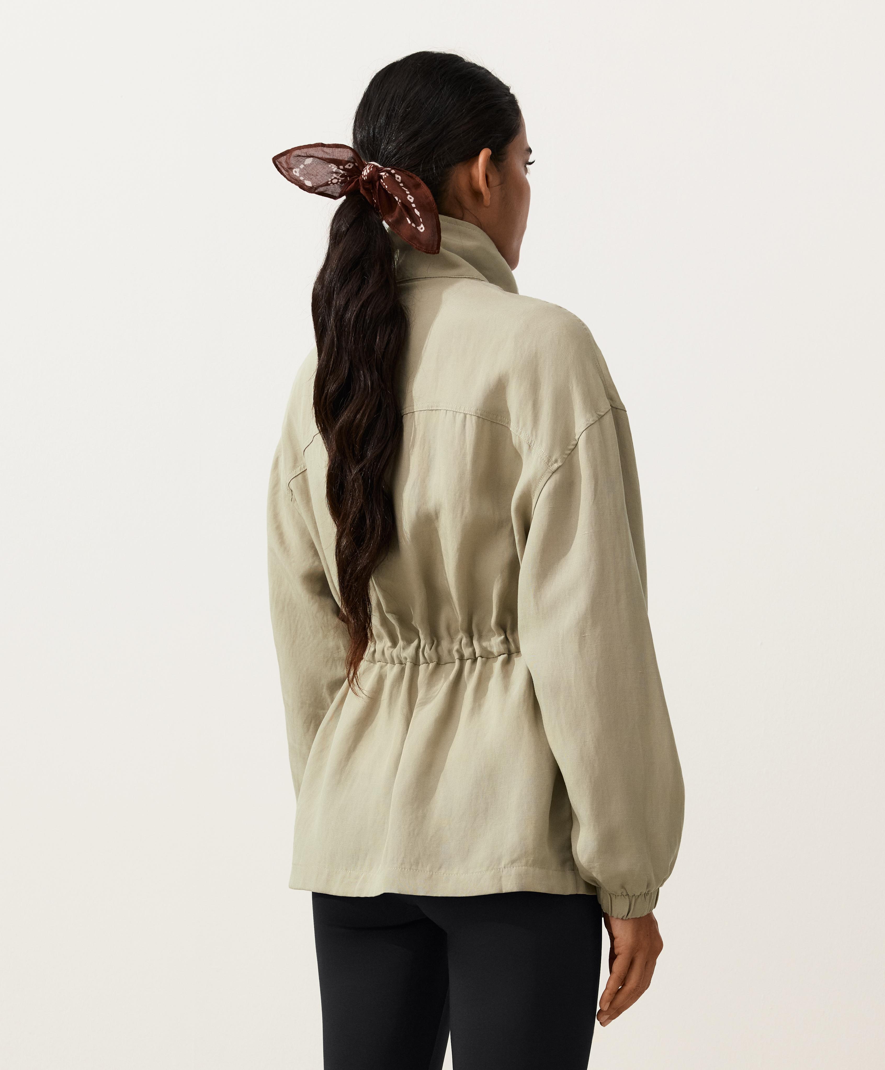 Lyocell and 24% linen blend ruched waist jacket — GREEN BEIGE