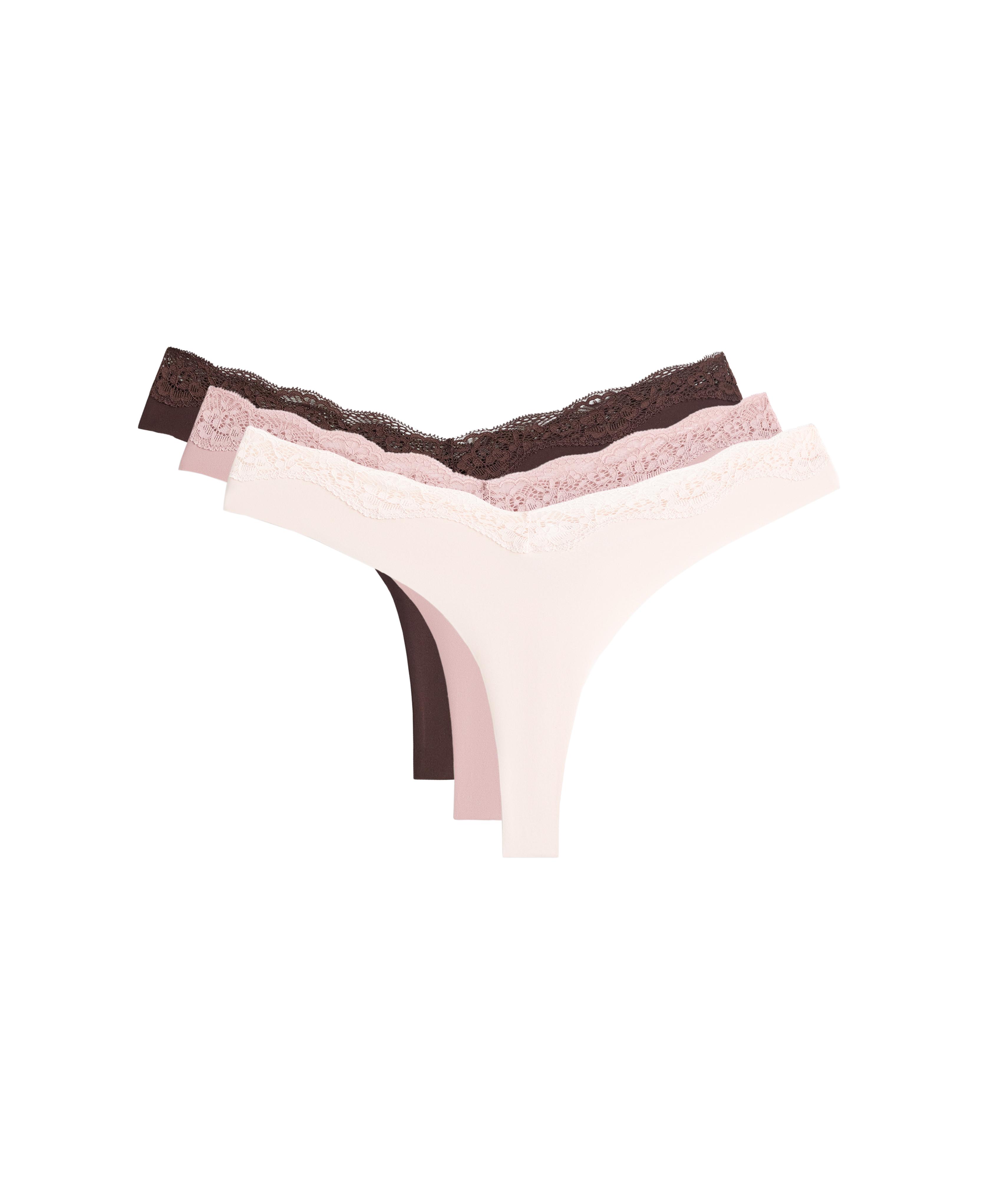 3 laser-cut polyamide blend lace thongs — CHOCOLATE